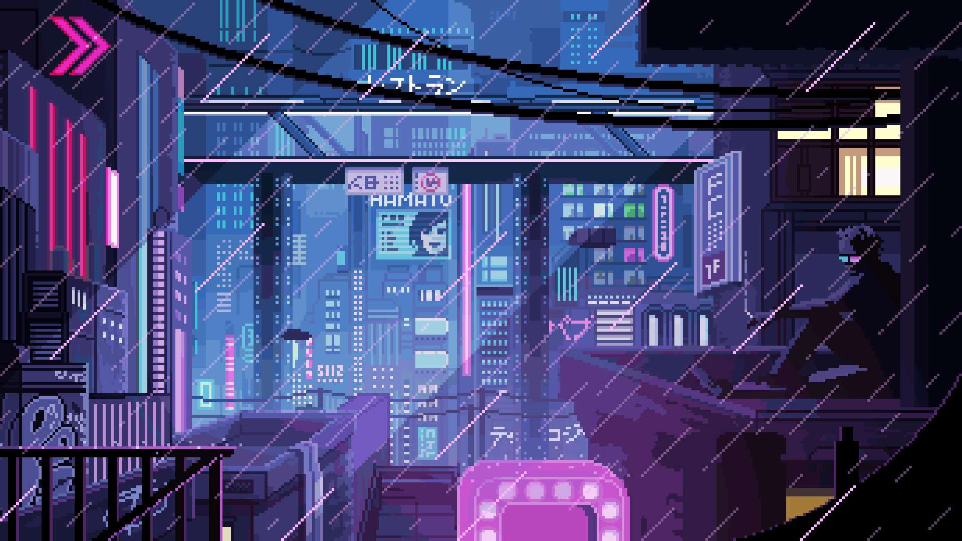 8位元日本 桌布 壁紙 — 像素藝術夜景城市，霓虹燈牌，雨水落在發光的摩天大樓上，屋頂上有一個孤獨的身影。