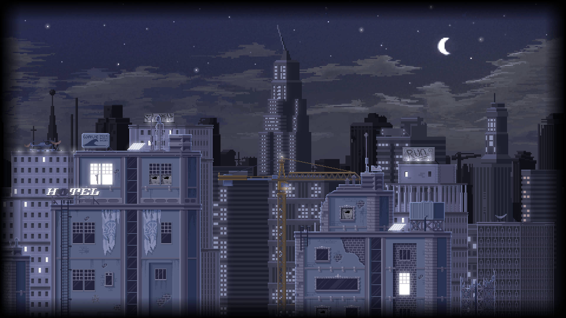 城市 桌布 壁紙 — 像素藝術夜景城市景觀，新月和星空下閃爍的窗戶。