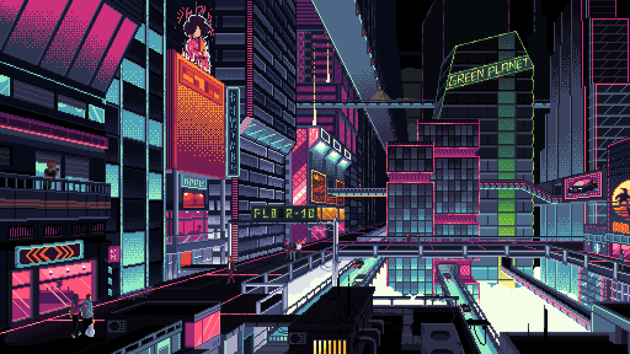 City Pixel Art 桌布 壁紙 — 像素藝術夜景城市景觀，霓虹燈牌在黑暗摩天大樓背景下閃耀粉紅和藍綠色光芒。