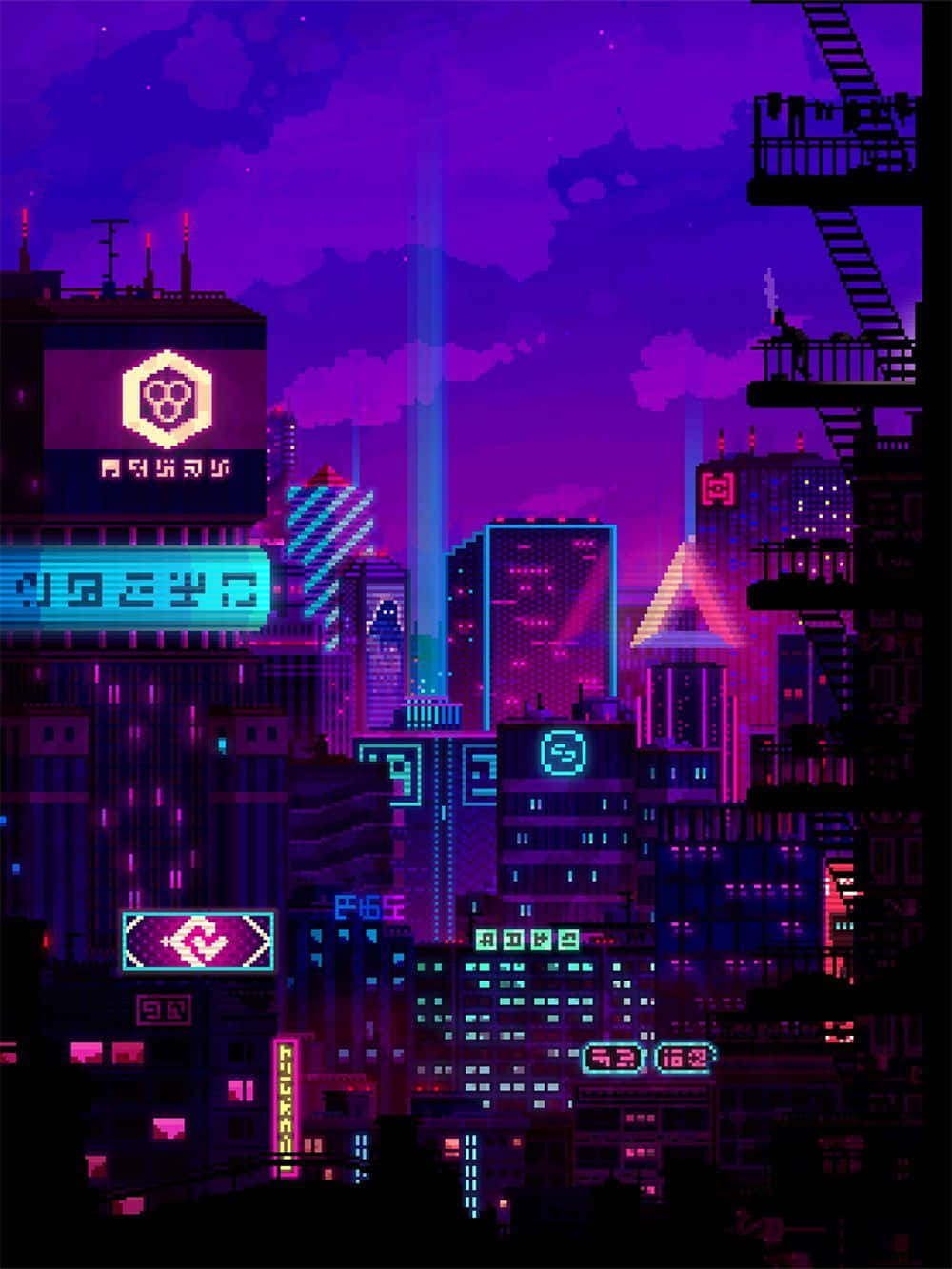 City Night 桌布 壁紙 — 像素藝術夜景城市景觀，霓虹燈牌在星空下閃爍紫色和藍色光芒。