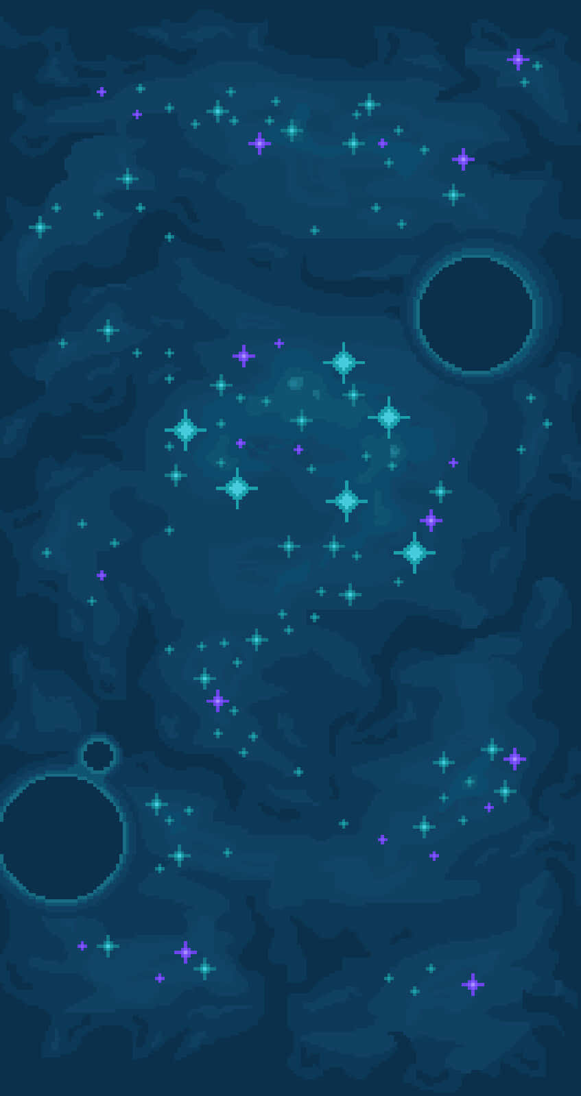 像素藝術 桌布 壁紙 — 像素藝術夜空，帶有發光的青色和紫色星星，以及兩個深藍色星雲背景上的暗色圓形空洞。