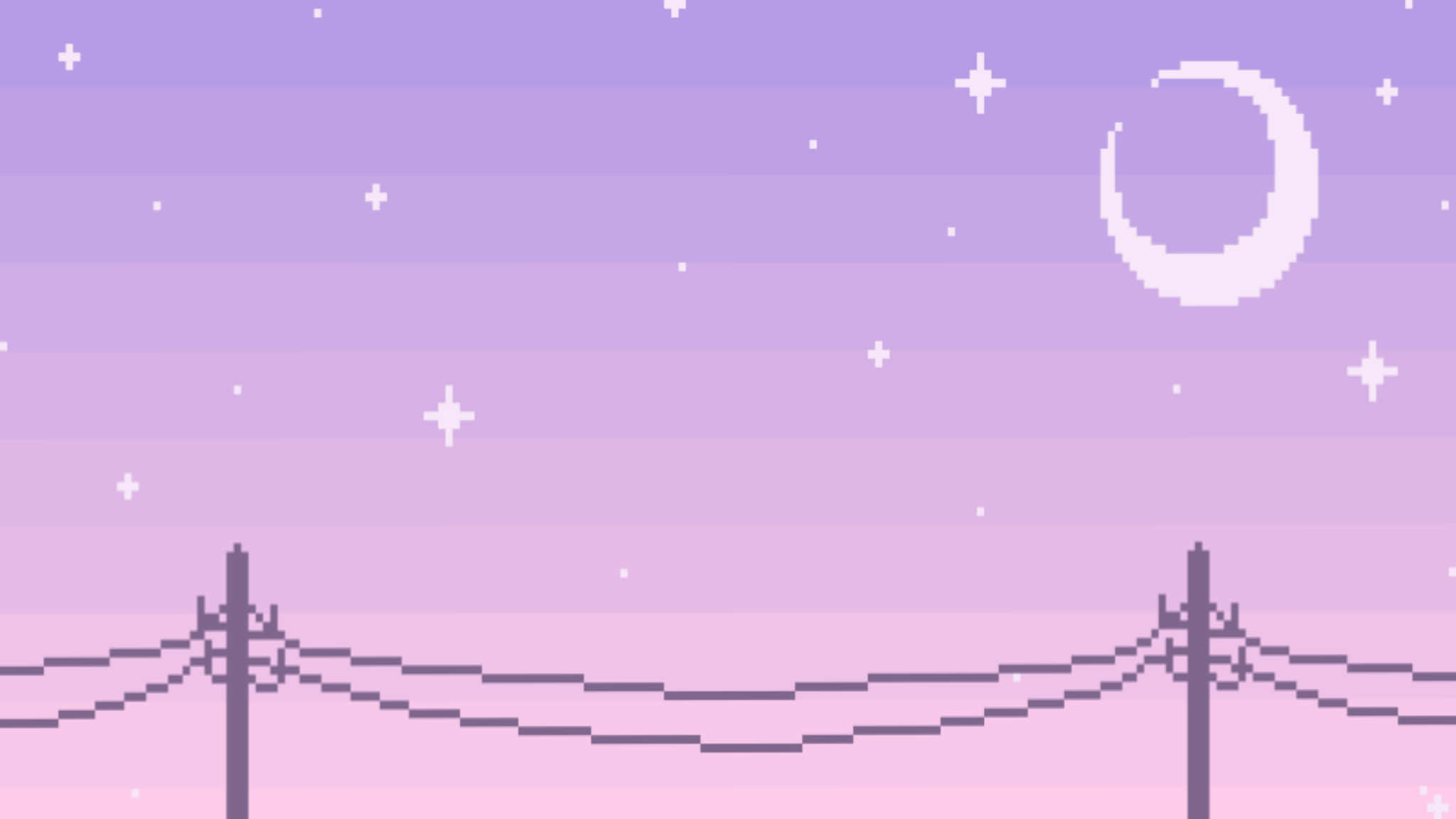 Silhouette 桌布 壁紙 — 像素藝術夜空，新月星星和電線在薰衣草漸變背景上。