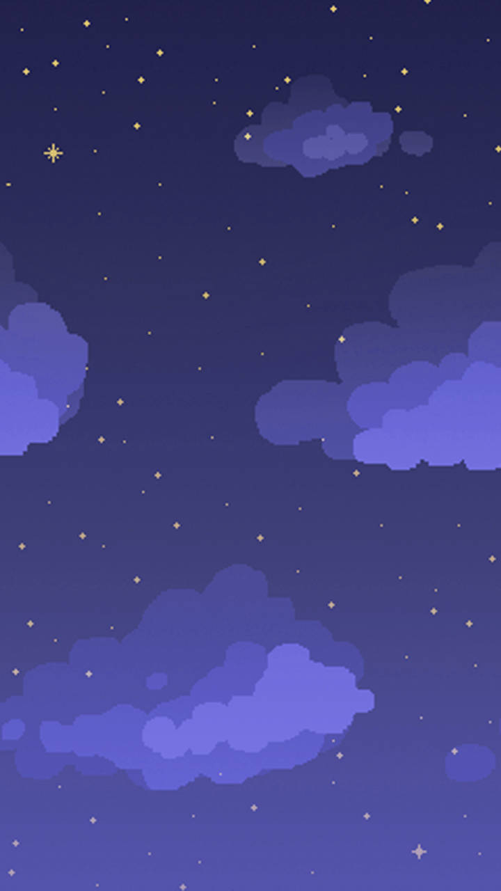 雲朵 桌布 壁紙 — 像素藝術夜空，柔和的紫色雲朵在金色星星的星野下飄動。
