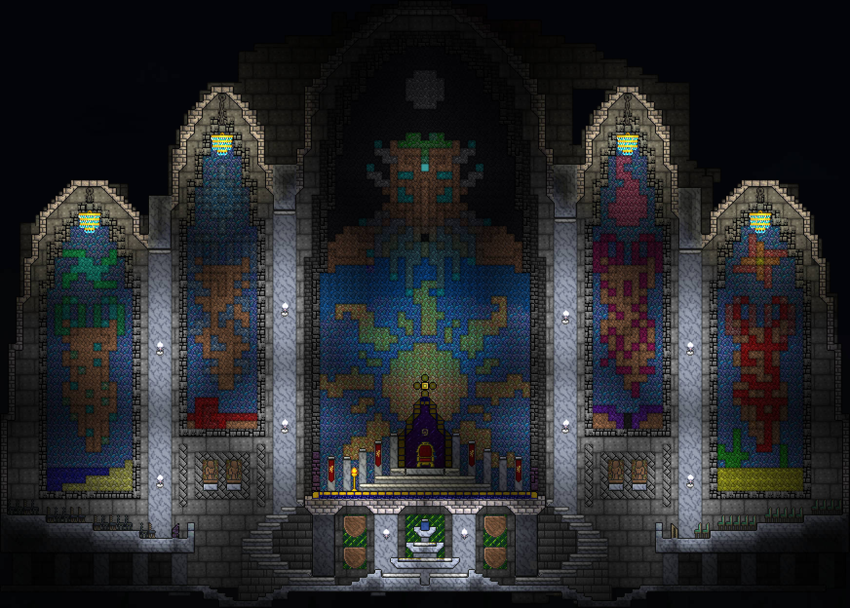 Terraria Moon Lord 桌布 壁紙 — 像素藝術大教堂內部，彩繪玻璃窗在夜晚發光，展現複雜的哥德式建築和中央祭壇。