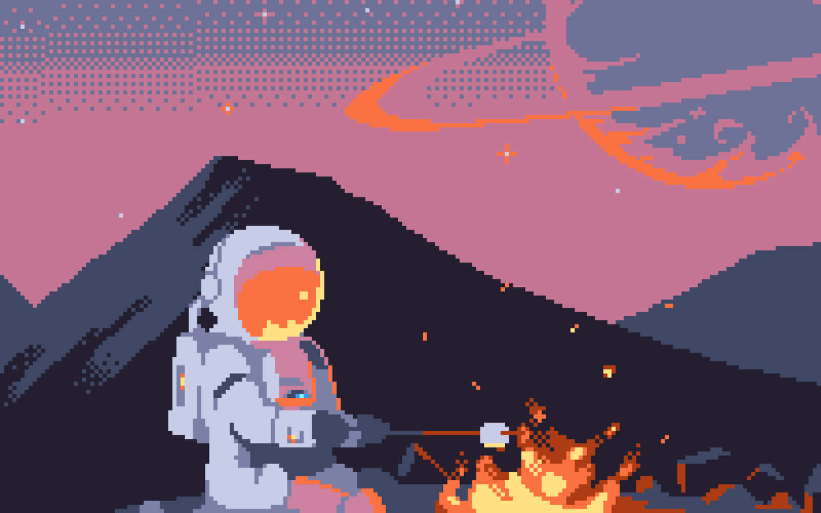 Aesthetic Pixel 桌布 壁紙 — 像素藝術太空人在粉紅色星空下，在外星山頂的營火旁烤棉花糖。
