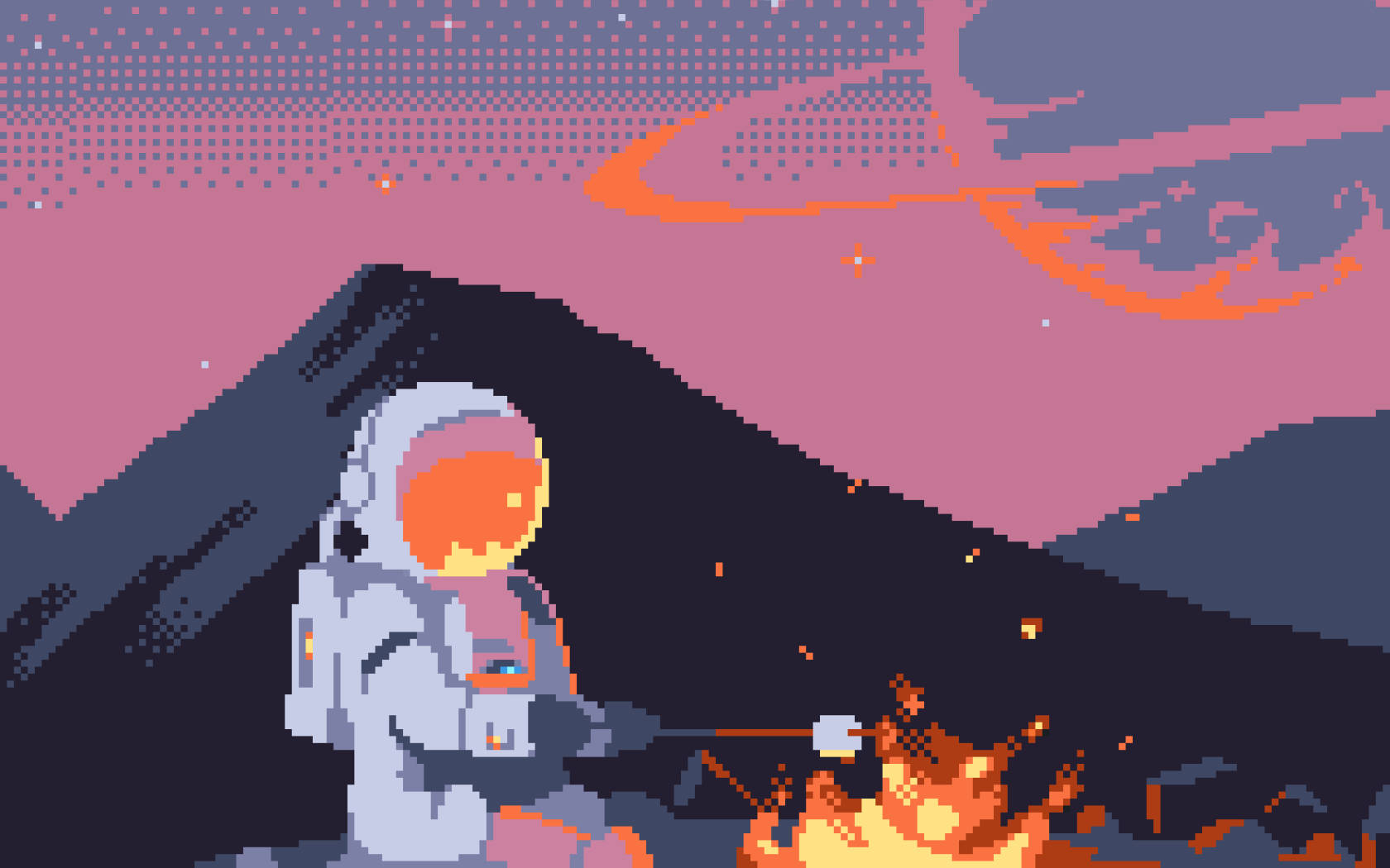 Aesthetic Pixel Art HD 桌布 壁紙 — 像素藝術太空人在粉紅色星空下，在外星山頂的營火上烤棉花糖。