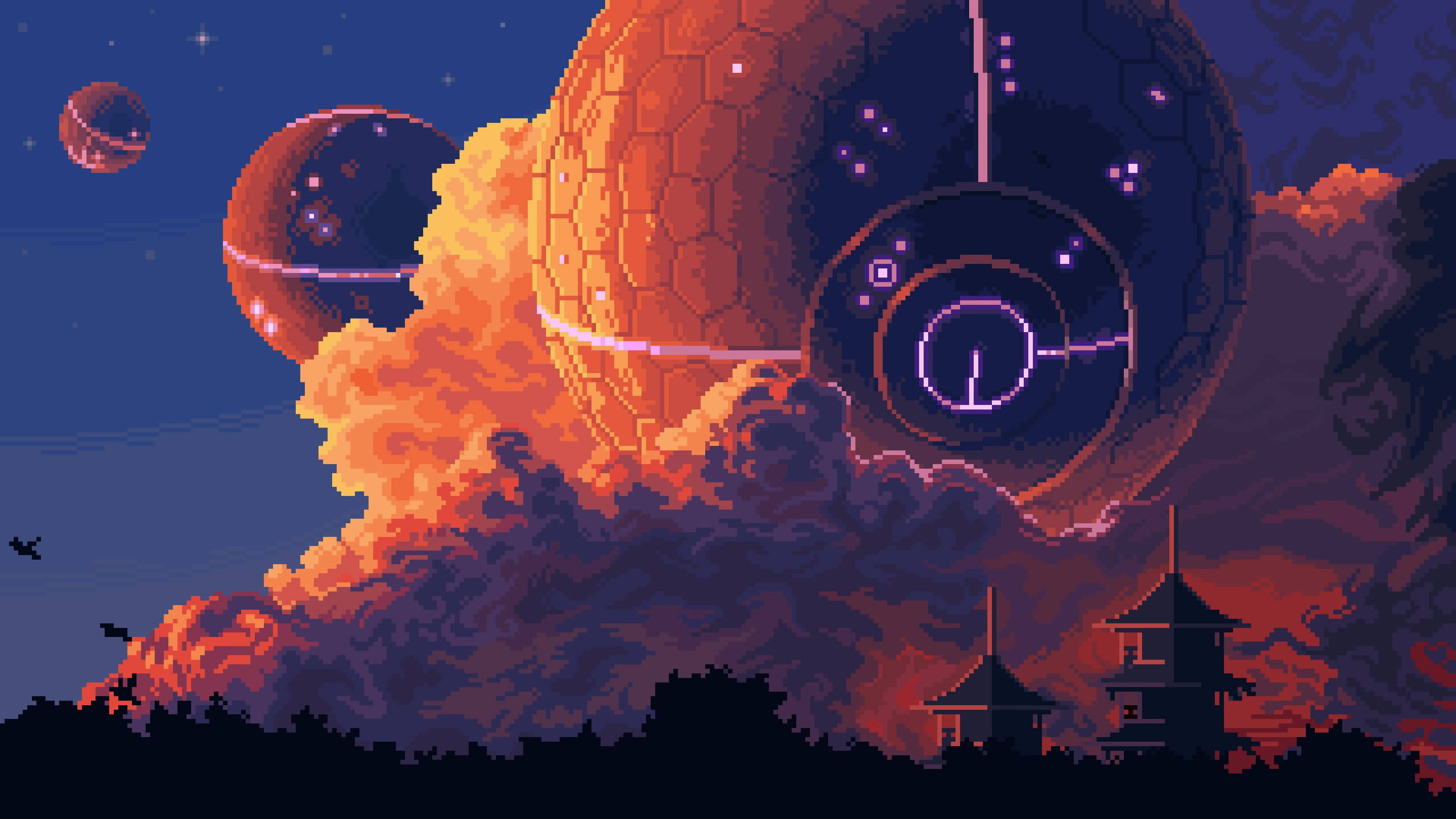 像素藝術 桌布 壁紙 — 像素藝術太空船從火雲中出現，在暮色中寺廟上空，星空下。
