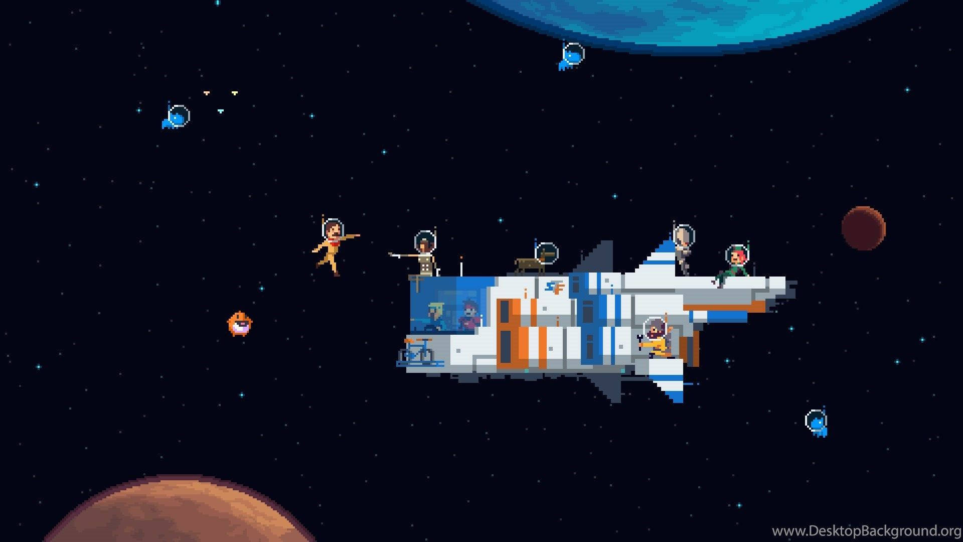 Pixel Art 桌布 壁紙 — 像素藝術太空船與太空人在繁星點點的太空漂浮，靠近行星和漂浮的外星生物。