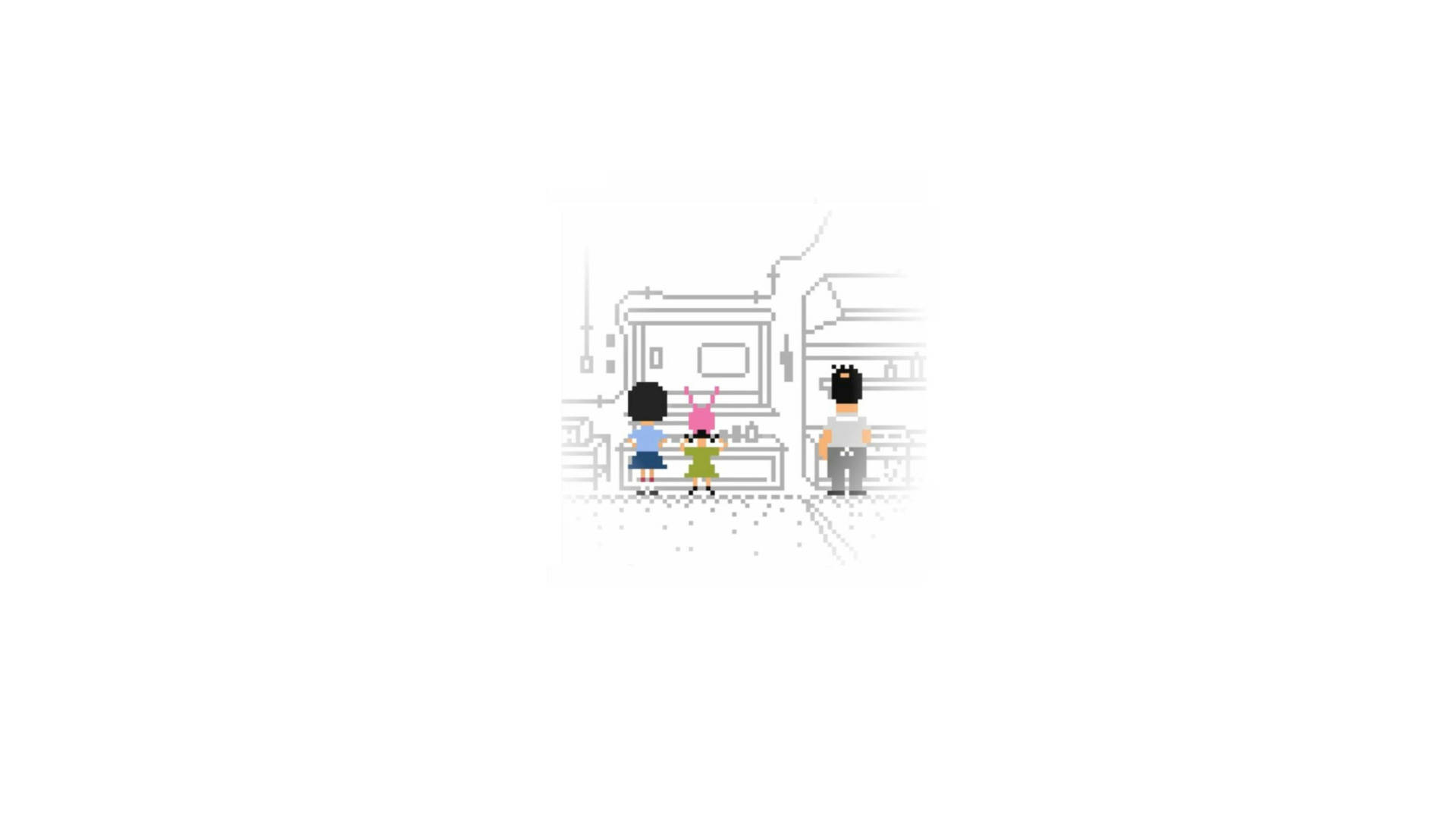 Family 桌布 壁紙 — 像素藝術家庭在簡約客廳中觀看電視，採用柔和灰階色調和簡單家具。