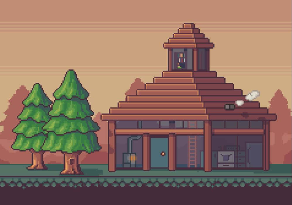 Minecraft Pixel Art 桌布 壁紙 — 像素藝術小屋，階梯式屋頂和煙囪，旁邊是兩棵綠色松樹，在溫暖的日落天空下。