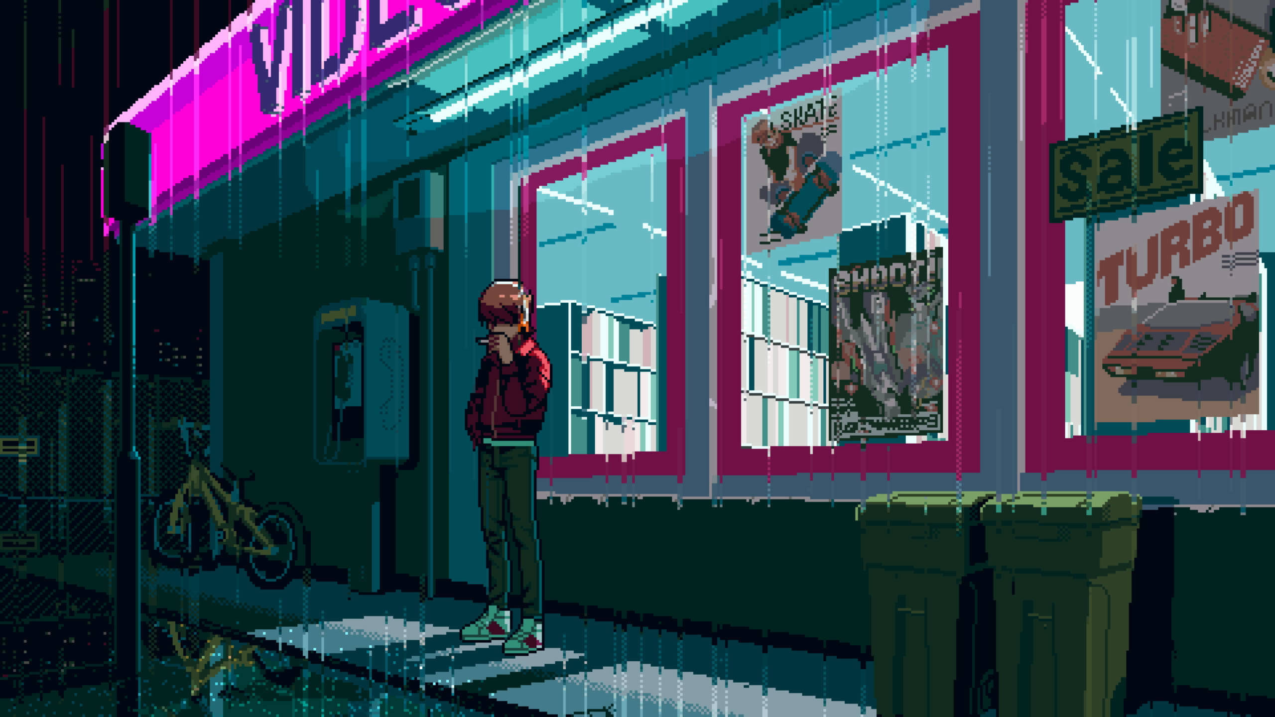 動漫男孩 桌布 壁紙 — 像素藝術少年在雨夜的賽博龐克城市景觀中，站在錄影帶店外的霓虹燈招牌下。