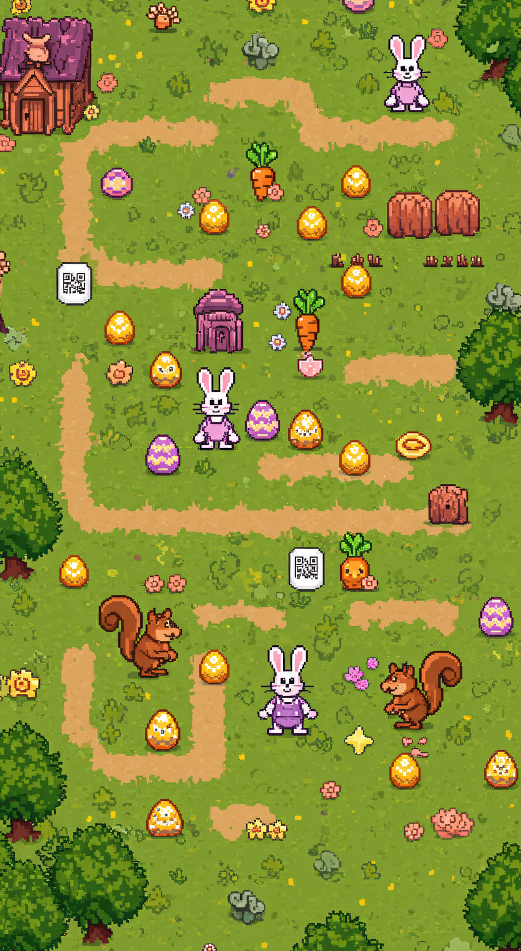 Pixel-style bunny hops across a game map collecting eggs while dodging cute but tricky enemies 壁紙 — 像素藝術復活節場景，兔子、松鼠、胡蘿蔔和雞蛋散落在蜿蜒穿過綠色森林的小路上。