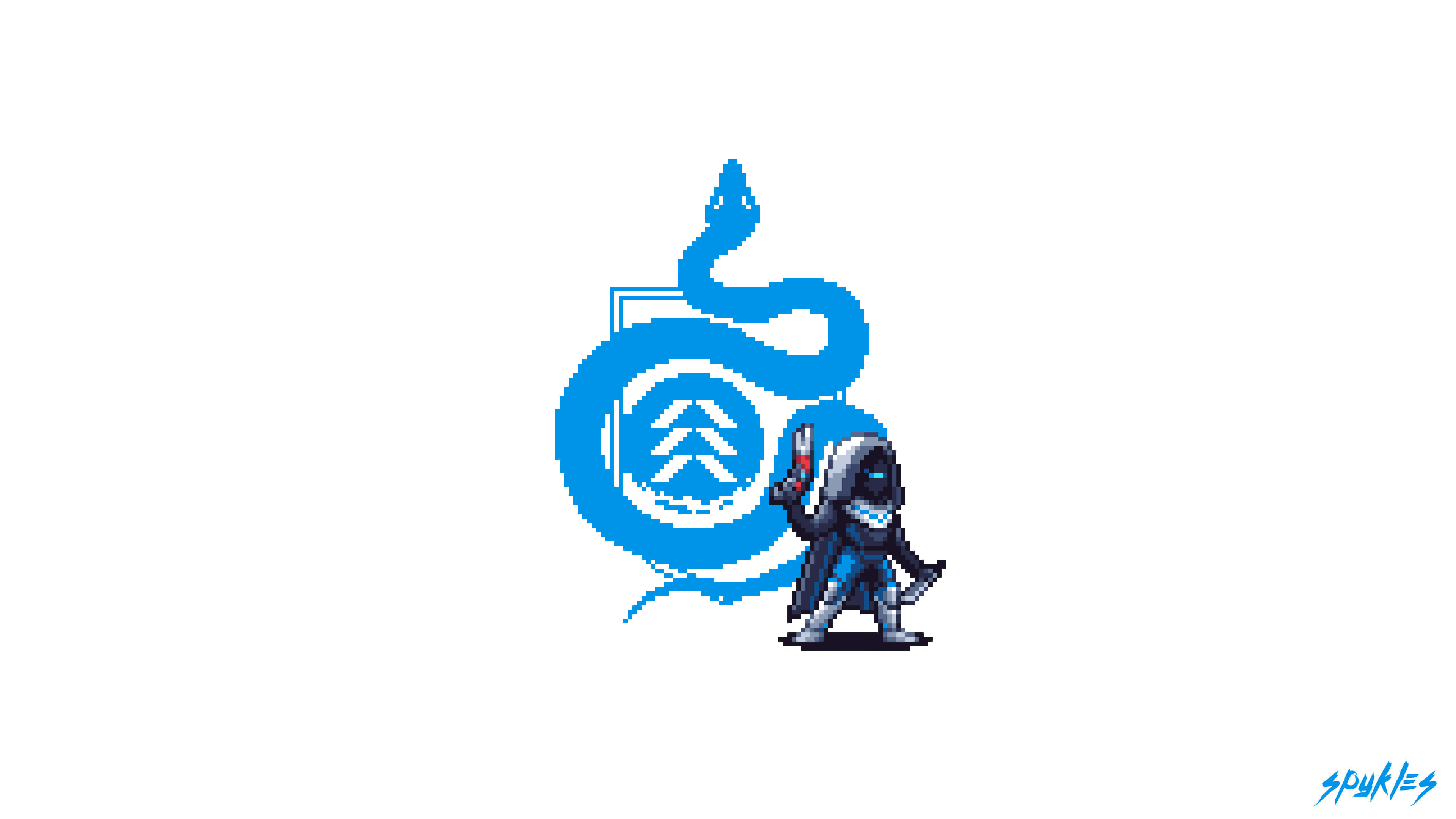 天命2 桌布 壁紙 — 像素藝術忍者持劍站在白色背景上的藍色盤蛇標誌前。