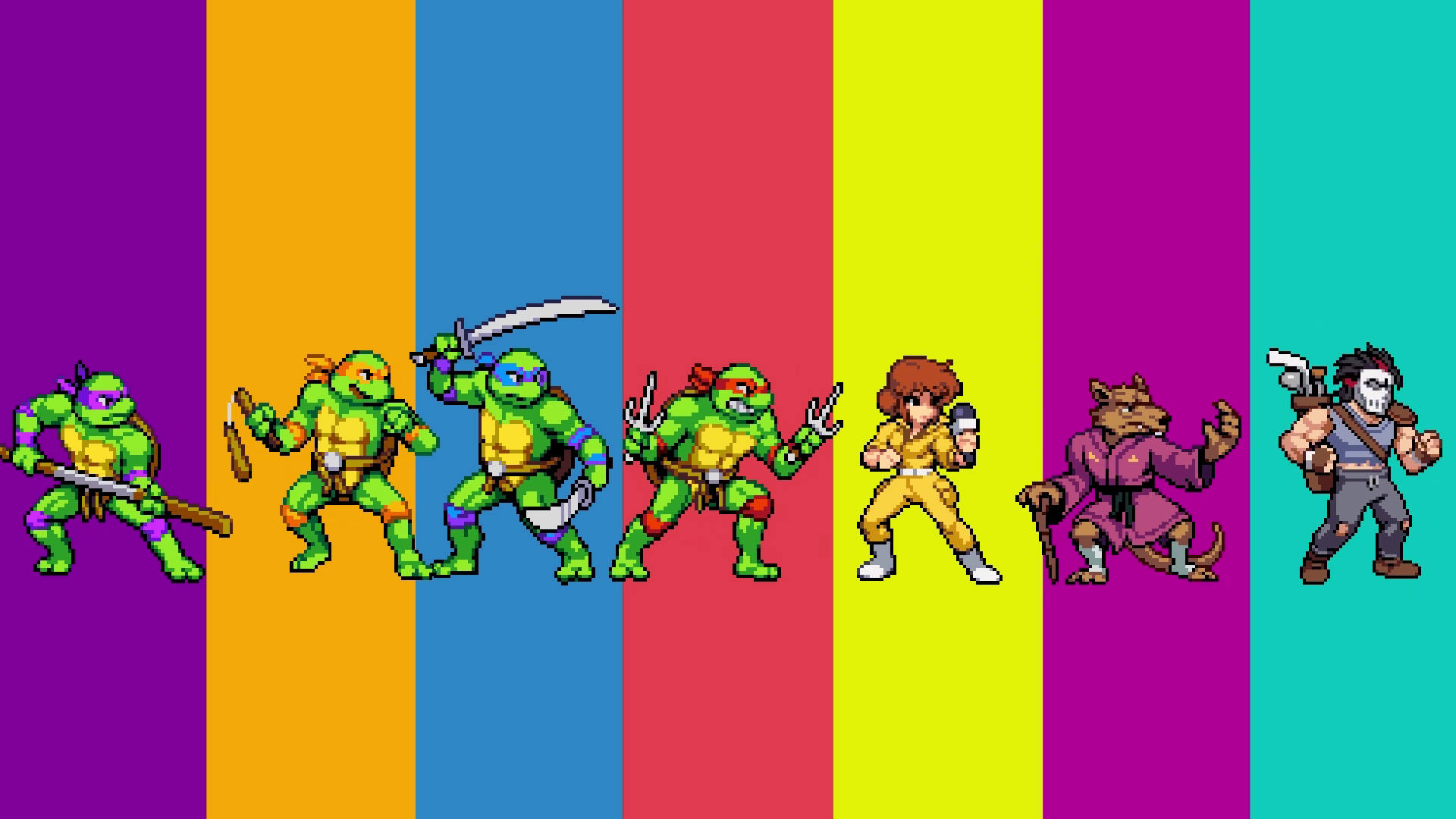 teenage mutant ninja turtles 桌布 壁紙 — 像素藝術忍者龜及其盟友在彩虹條紋背景前站成一排。