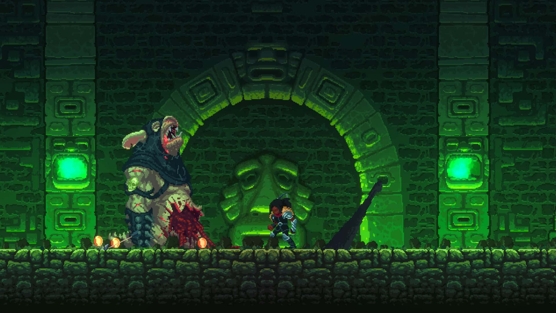 game 桌布 壁紙 — 像素藝術戰士在地牢中發光的綠色石拱門下與怪物敵人戰鬥。
