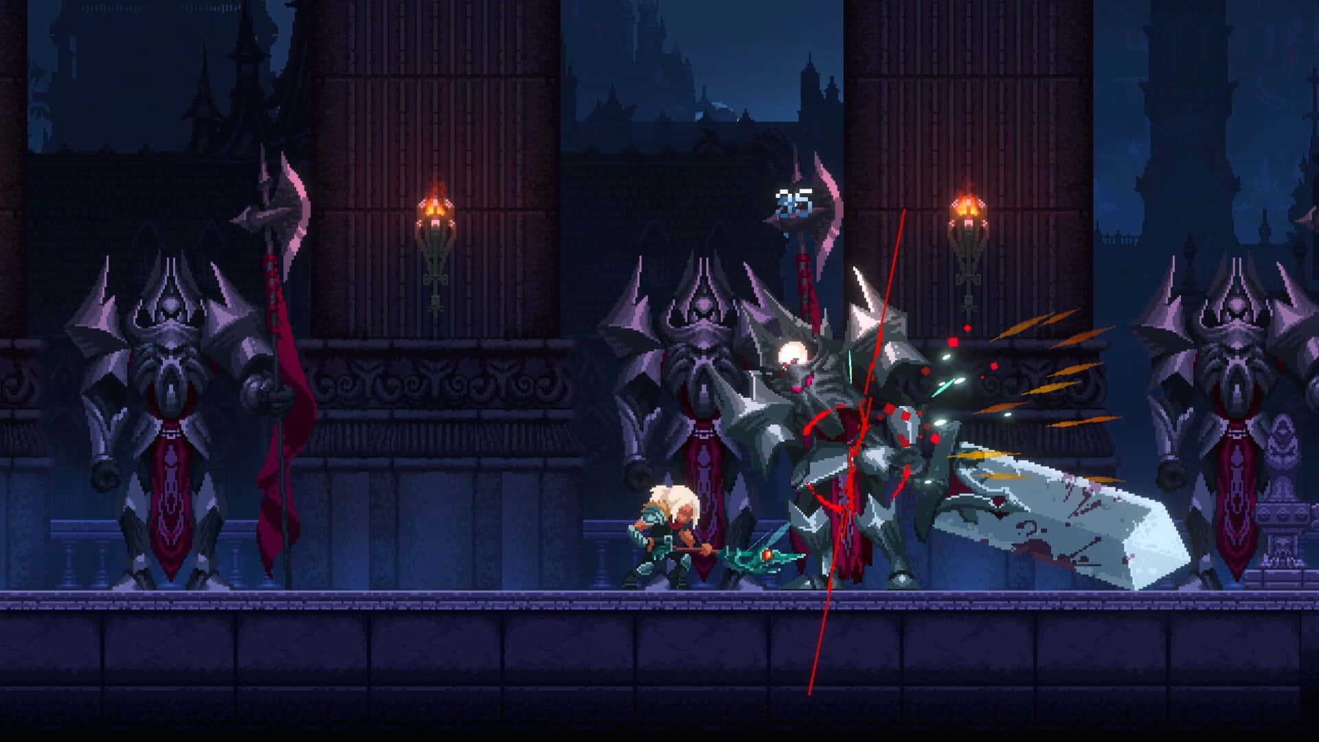 game 桌布 壁紙 — 像素藝術戰士在黑暗的哥德式大教堂中與裝甲敵人戰鬥，周圍有發光的火把和血跡。