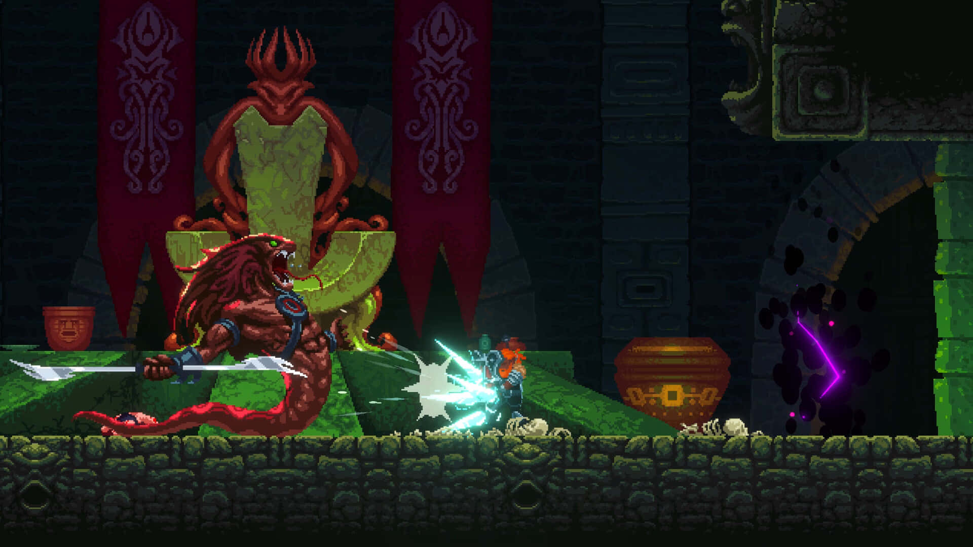game 桌布 壁紙 — 像素藝術戰士在黑暗石廟中揮砍紅色龍形首領，伴隨著發光的魔法效果。