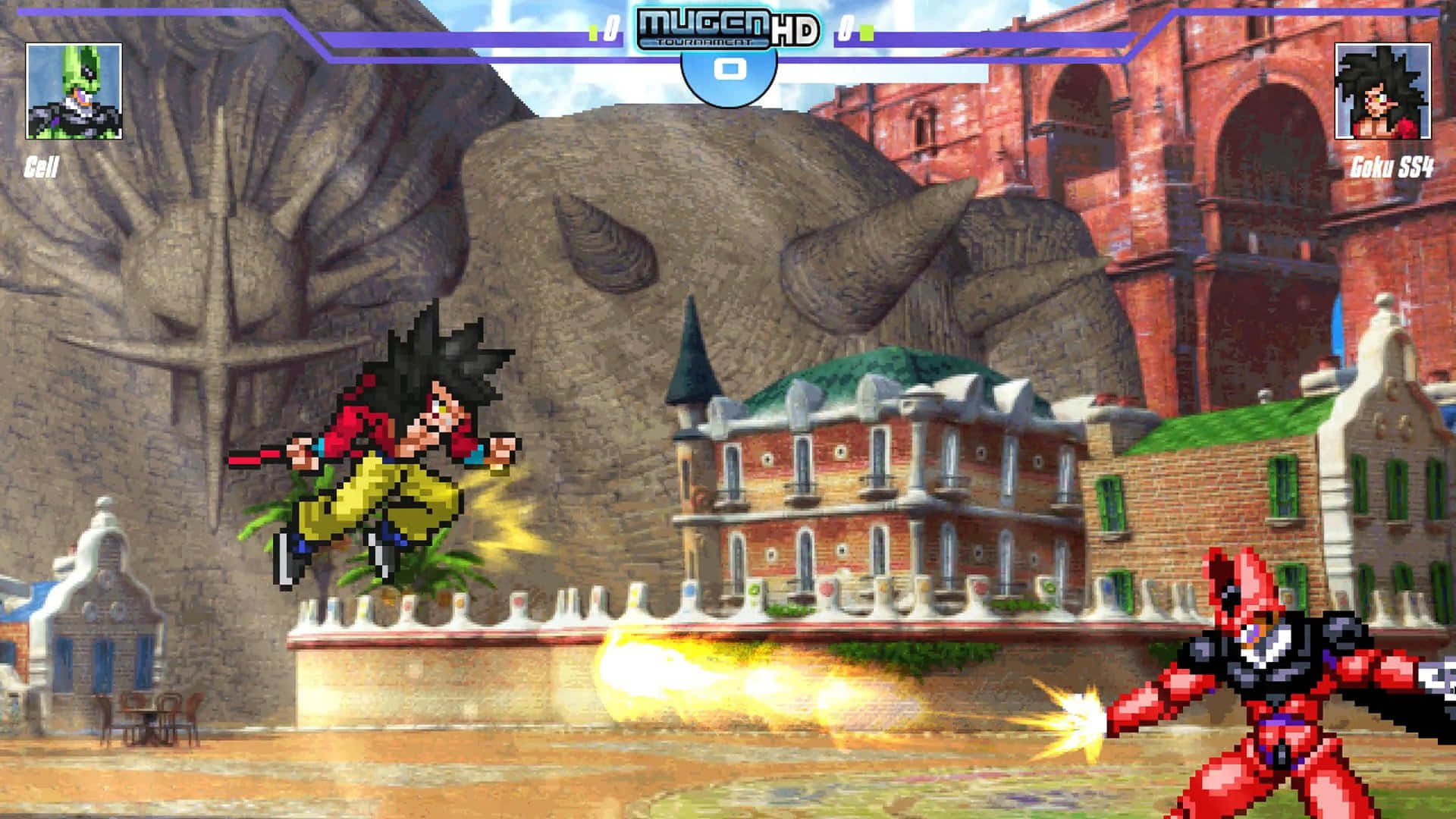 Fighting Games 桌布 壁紙 — 像素藝術戰士悟空SS4和賽魯在歐洲風格的小鎮中戰鬥，背景有石頭建築和一個巨大的石頭面孔。