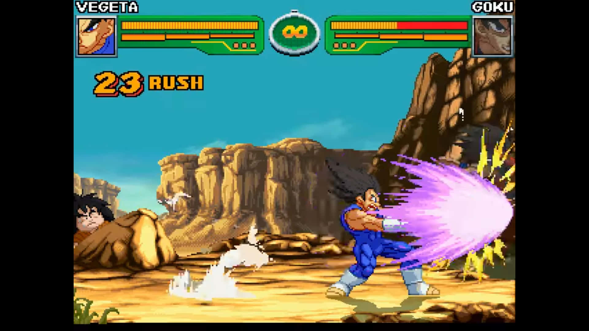 Dragon Ball Z Games 桌布 壁紙 — 像素藝術戰士悟空和達爾在岩石沙漠競技場中碰撞，頭上有能量爆炸和生命值條。