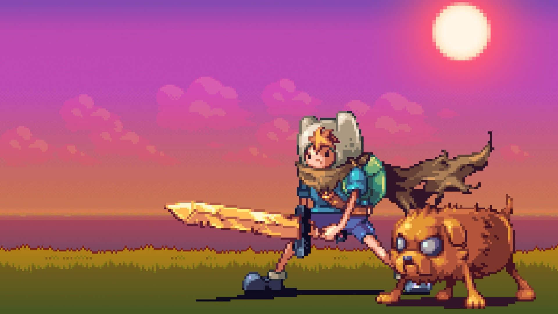 Aesthetic Pixel 桌布 壁紙 — 像素藝術戰士手持劍和狗同伴站在充滿活力的日落田野中，下方是發光的太陽。