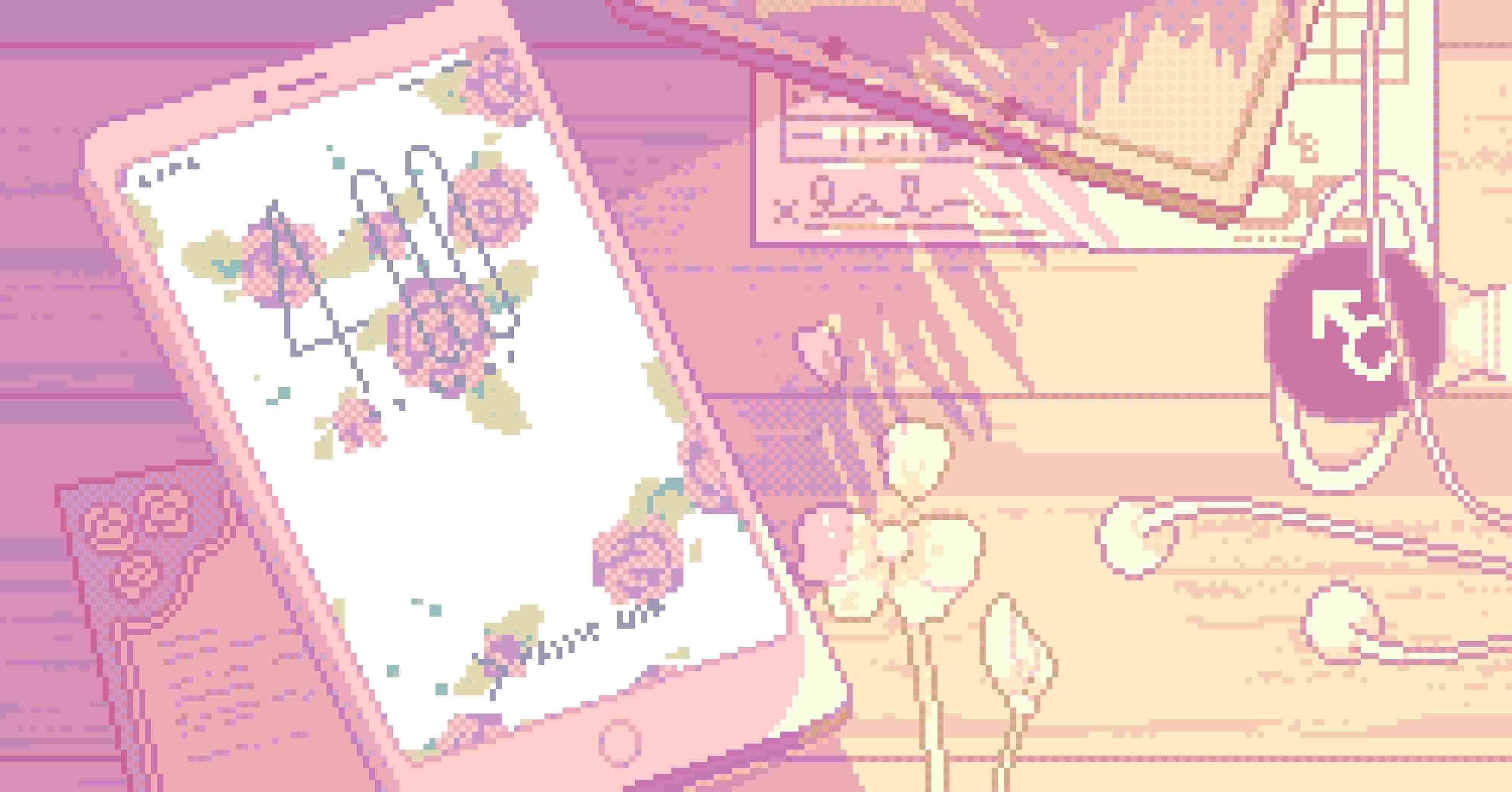 Pastel Aesthetic Desktop 桌布 壁紙 — 像素藝術手機，帶有花卉設計，放在粉紅色木桌上，散落著文具和耳機。