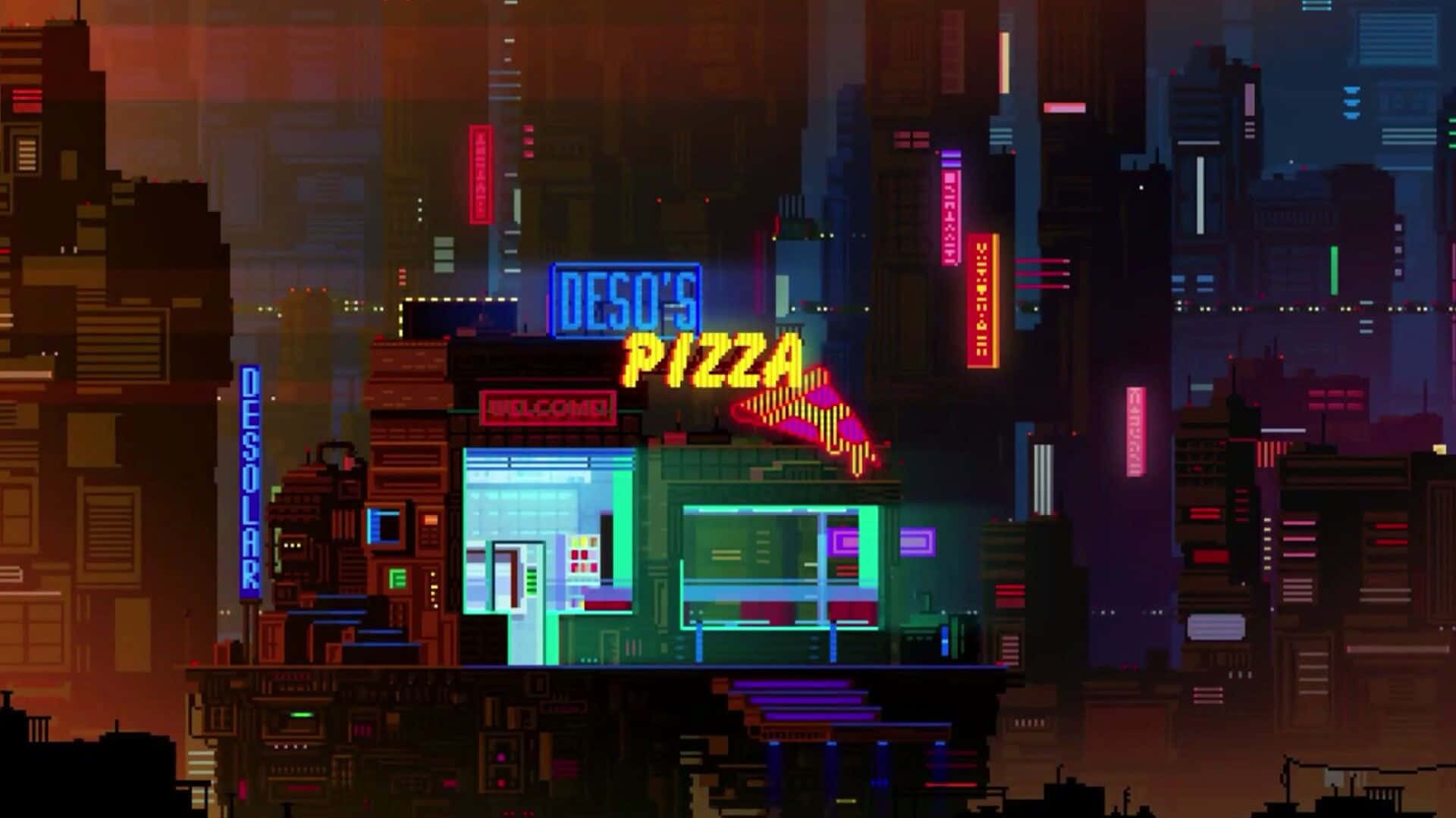 City Pixel Art 桌布 壁紙 — 像素藝術披薩店在夜間賽博龐克城市景觀中閃爍霓虹燈，高聳的摩天大樓。