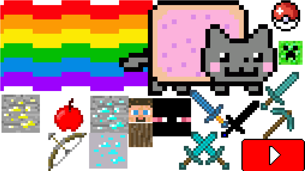 Nyan Cat 桌布 壁紙 — 像素藝術拼貼，包含網路迷因和遊戲圖示，包括彩虹旗 Nyan Cat 和 Minecraft 物品。