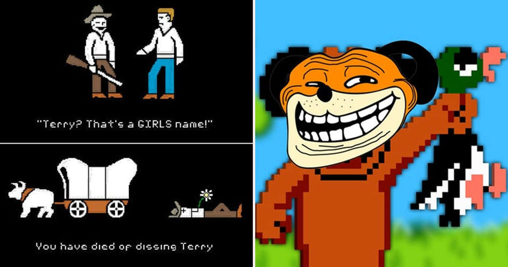 Gaming Memes 桌布 壁紙 — 像素藝術拼貼畫，描繪一隻咧嘴笑的虎角色和一個西部場景，有篷車和關於名字的對話。