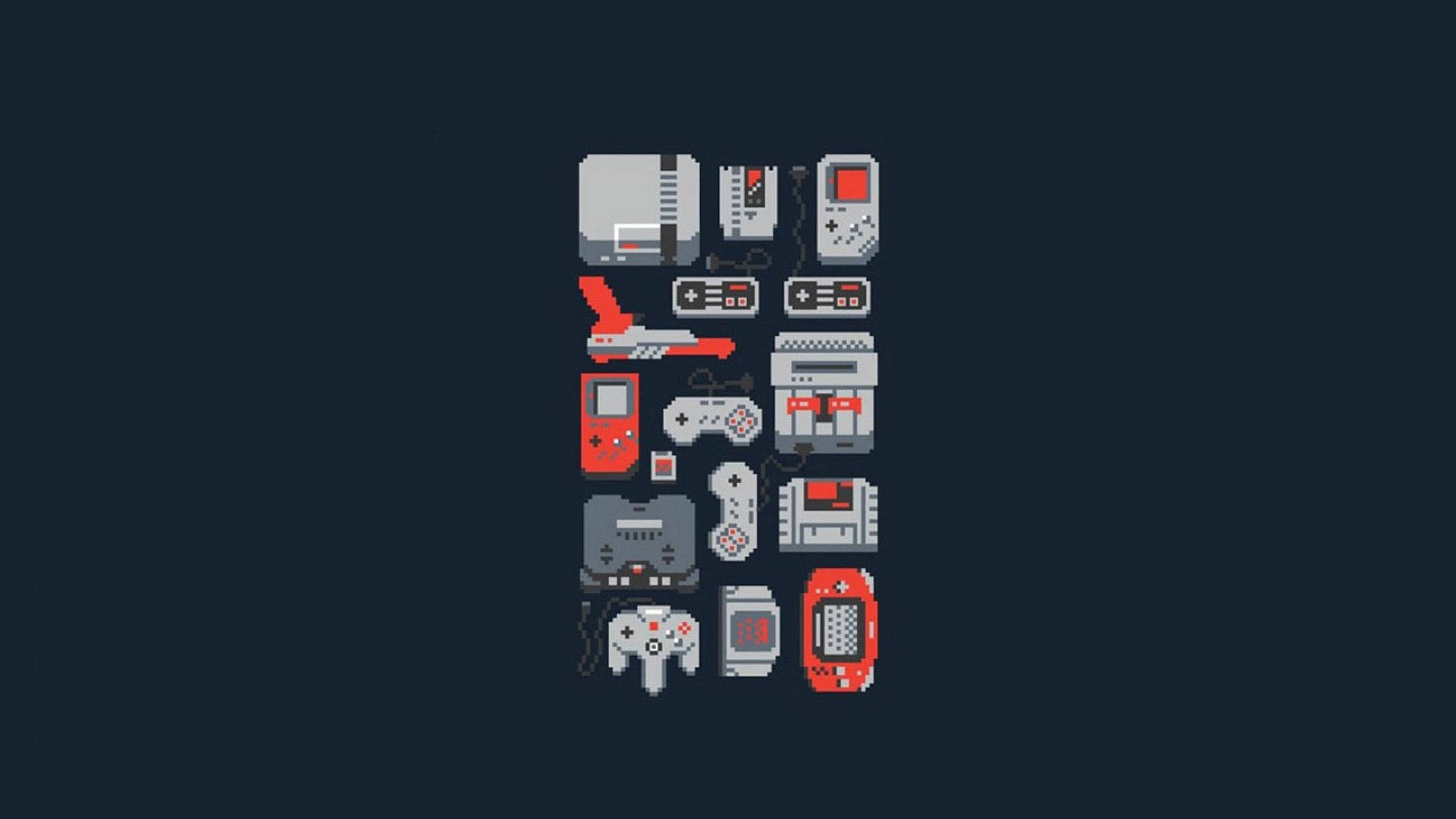 arcade 桌布 壁紙 — 像素藝術拼貼畫，經典遊戲主機和控制器垂直排列在深色背景上。