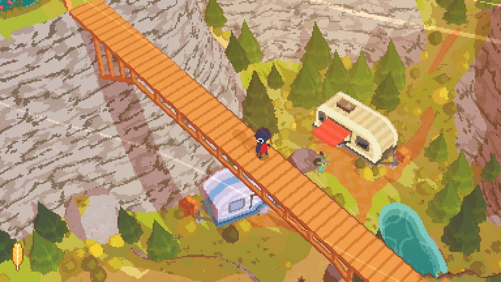 Adventure Games 桌布 壁紙 — 像素藝術描繪一位孤獨的旅人穿越峽谷上的木橋，下方有露營車停在森林覆蓋的山谷中。
