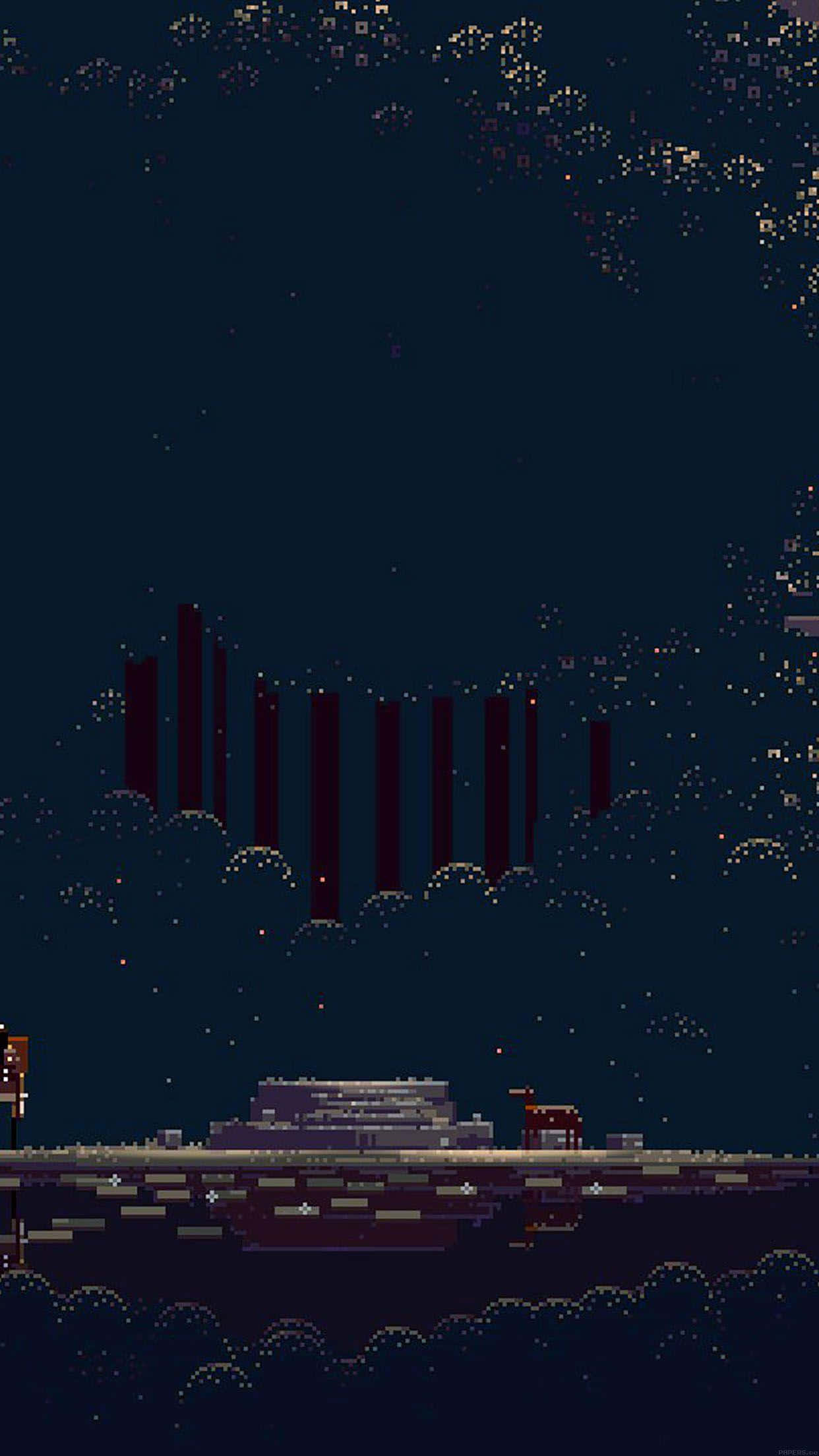 Pixel 桌布 壁紙 — 像素藝術描繪一個孤獨的人物和一隻鹿站在浮動平台上，在繁星點點的夜空下，遠處有城市輪廓。