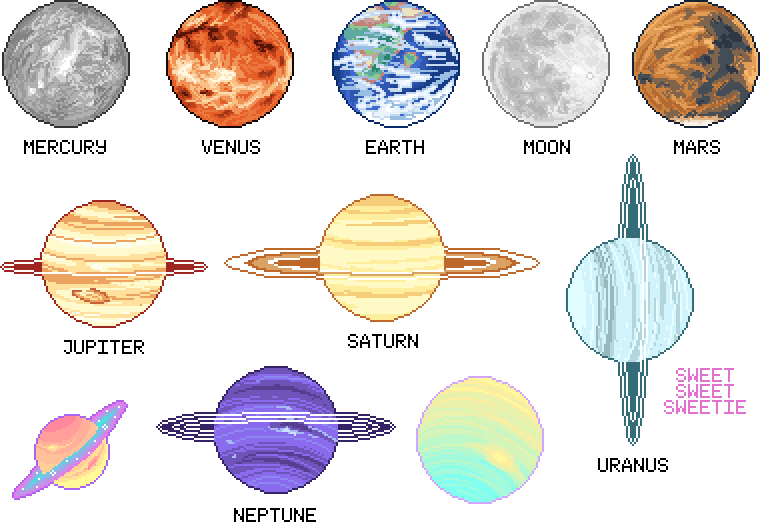 Mercury 桌布 壁紙 — 像素藝術描繪九個天體，包括水星、金星、地球、月球、火星、木星、土星、天王星、海王星，以及一個帶有文字的風格化行星。