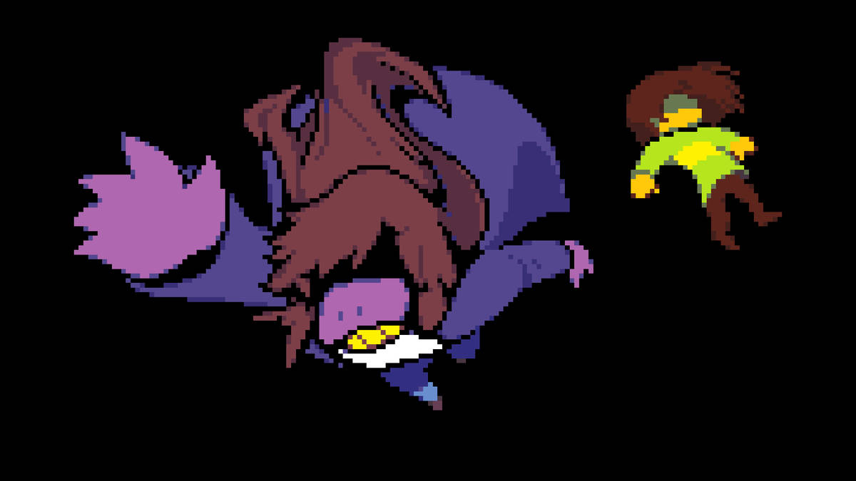 Deltarune 桌布 壁紙 — 像素藝術描繪了一個巨大的紫色生物，棕色頭髮，還有一個穿著綠色的小人物在黑色背景上漂浮。
