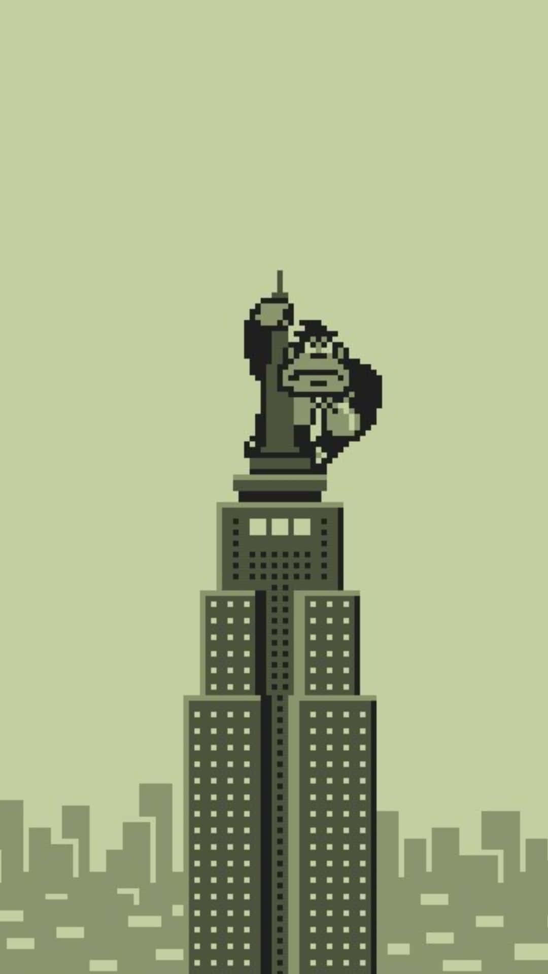 Donkey Kong 桌布 壁紙 — 像素藝術描繪了一個肌肉發達的人物站在摩天大樓頂部，背景是淡綠色的城市景觀。
