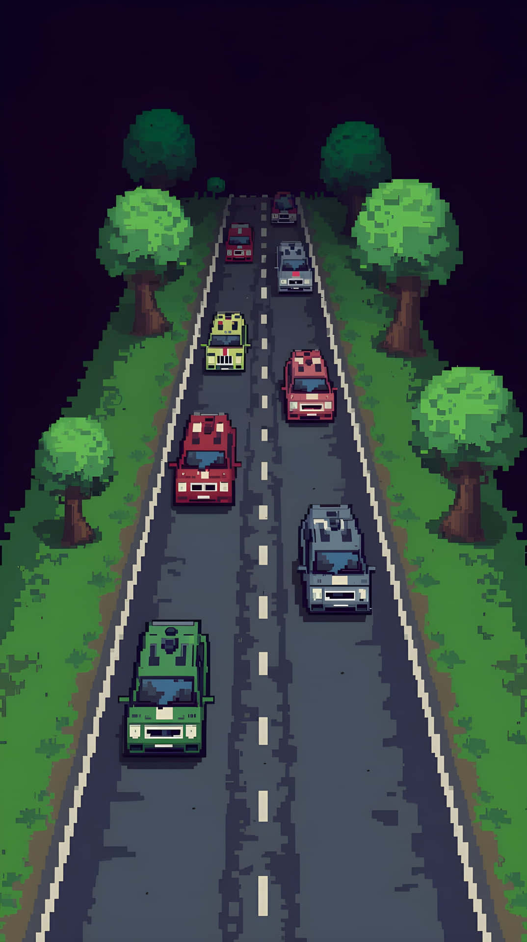 pixel car night 壁紙 — 像素藝術描繪了一條夜間高速公路，色彩繽紛的汽車在黑暗的天空下在綠色樹木之間行駛。