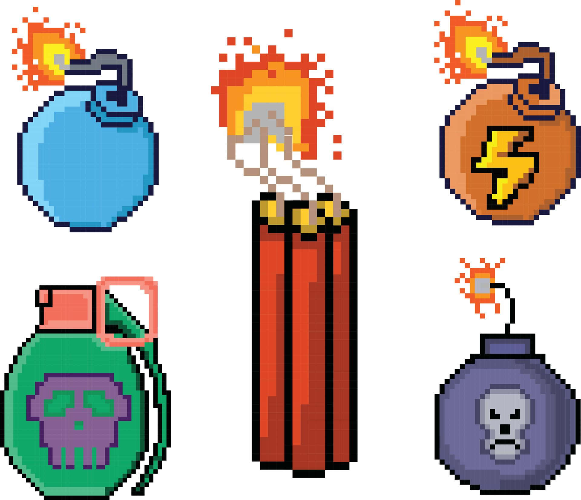 Minecraft Art 桌布 壁紙 — 像素藝術描繪了五種爆炸裝置，包括手榴彈、炸藥和炸彈，帶有燃燒的引信，背景為白色。