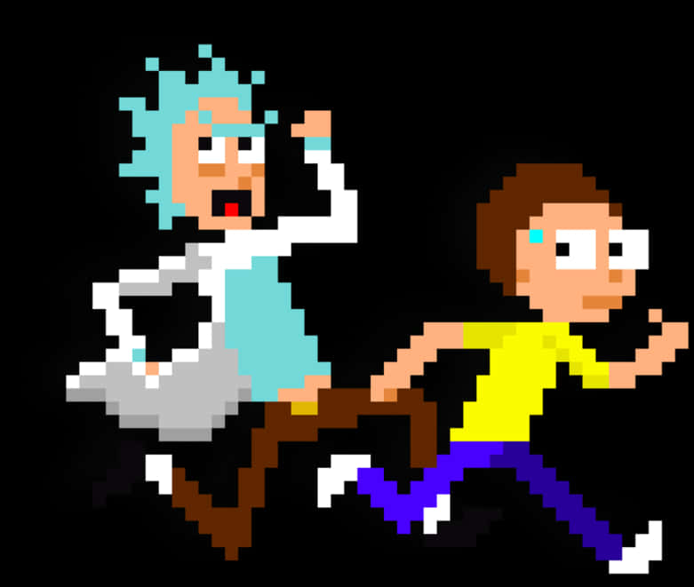 Rick Sanchez 桌布 壁紙 — 像素藝術描繪了兩個角色在黑色背景下緊急奔跑，一個有藍色頭髮和實驗室外套，另一個穿著黃色襯衫和紫色褲子。