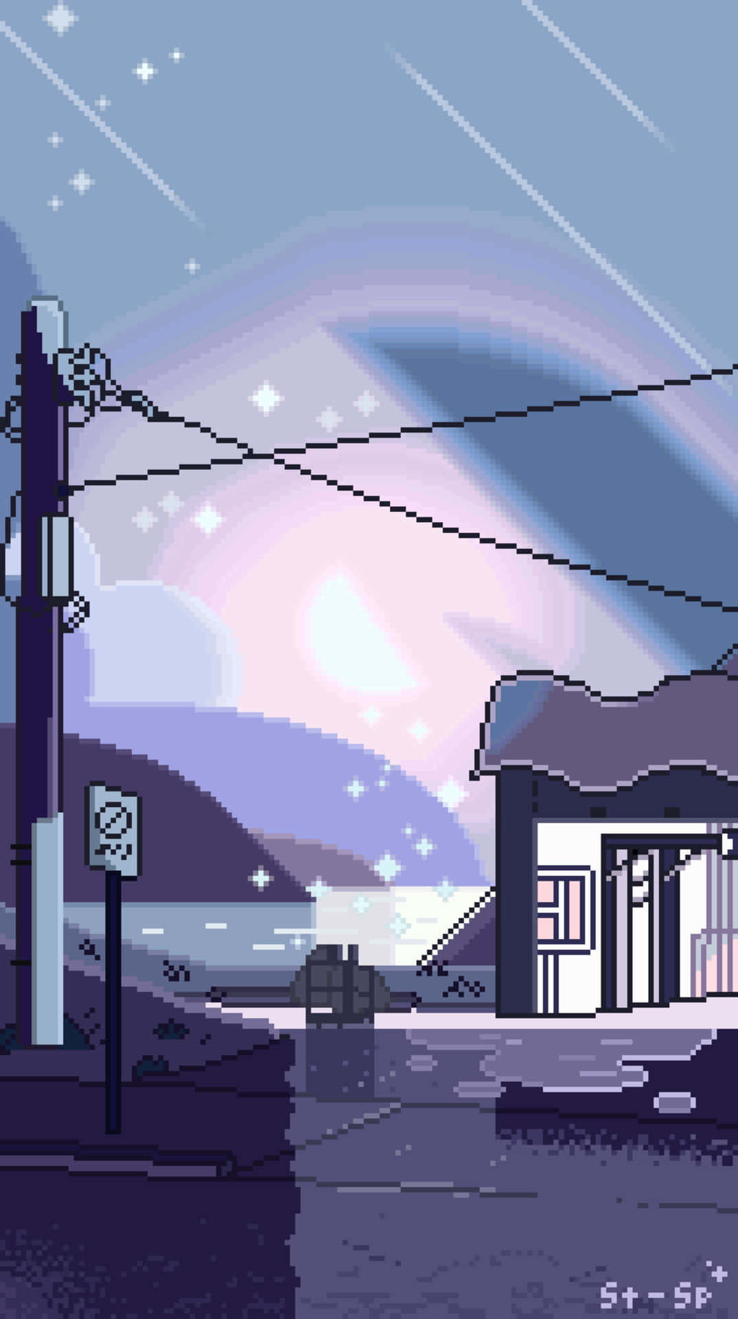 桌布 壁紙 — 像素藝術描繪了暮色中寧靜的路邊場景，有一座小建築和電線桿，在繁星點點的紫色天空下。