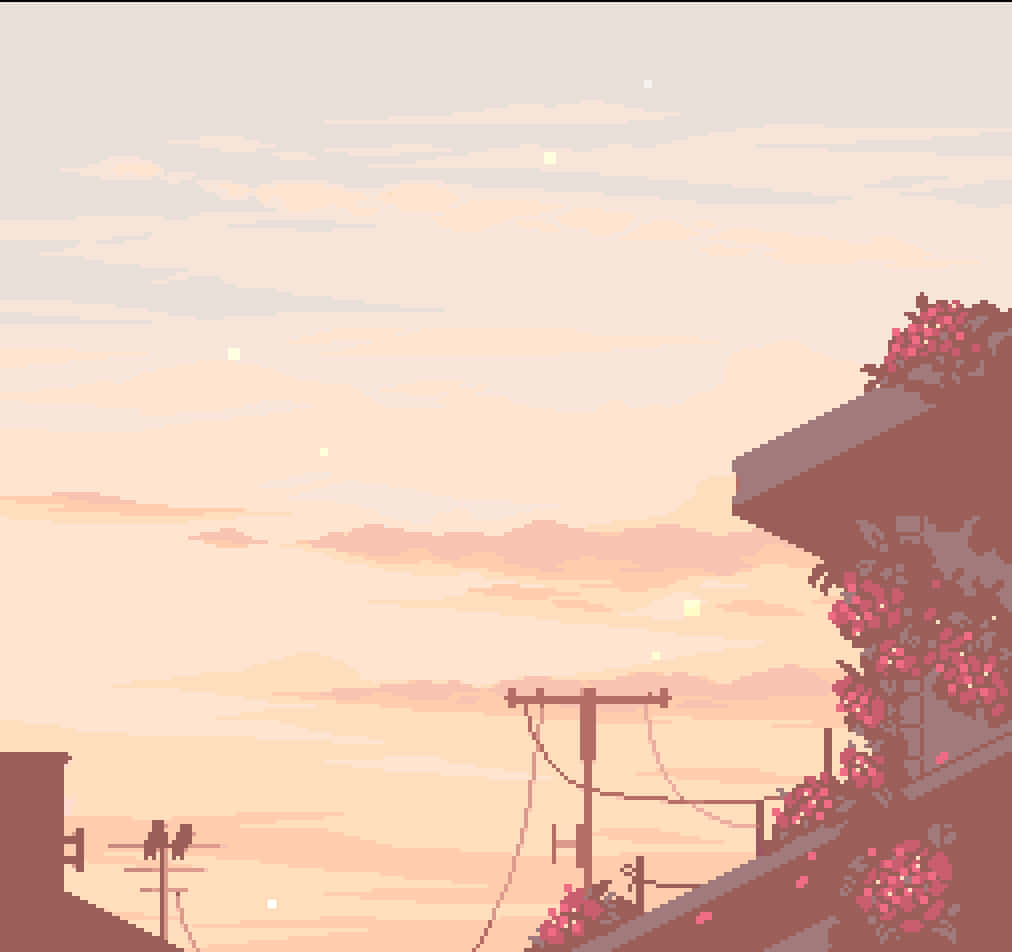 Aesthetic Pixel 桌布 壁紙 — 像素藝術描繪屋頂上有粉紅花朵和鳥兒棲息在電線上，背景是柔和的蜜桃色日落天空。