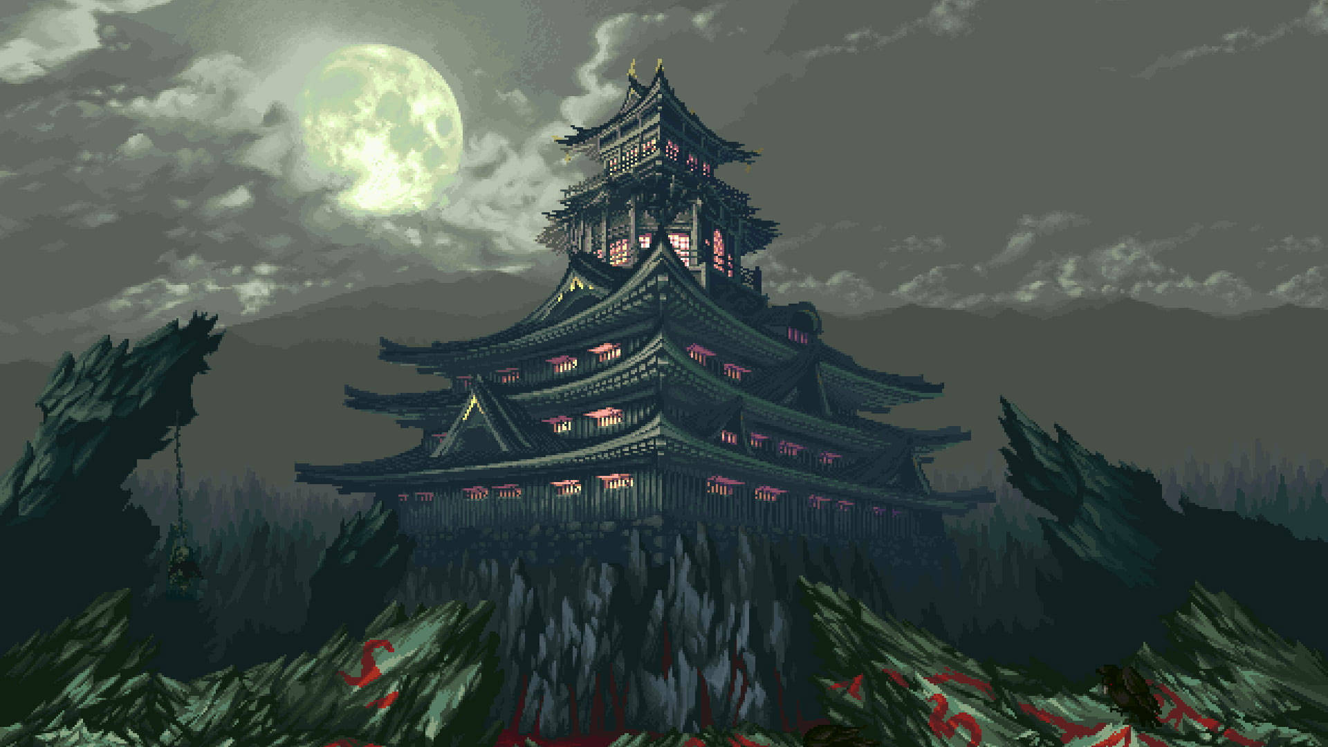 Dark Pixel 桌布 壁紙 — 像素藝術日本城堡，坐落在懸崖上，下方是發光的滿月，帶有紅色發光的窗戶。
