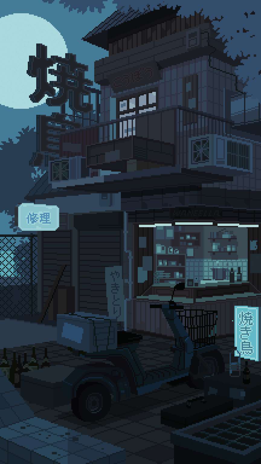 8位元日本 桌布 壁紙 — 像素藝術日本夜晚街景，發光的商店櫥窗和滿月下停放的滑板車。