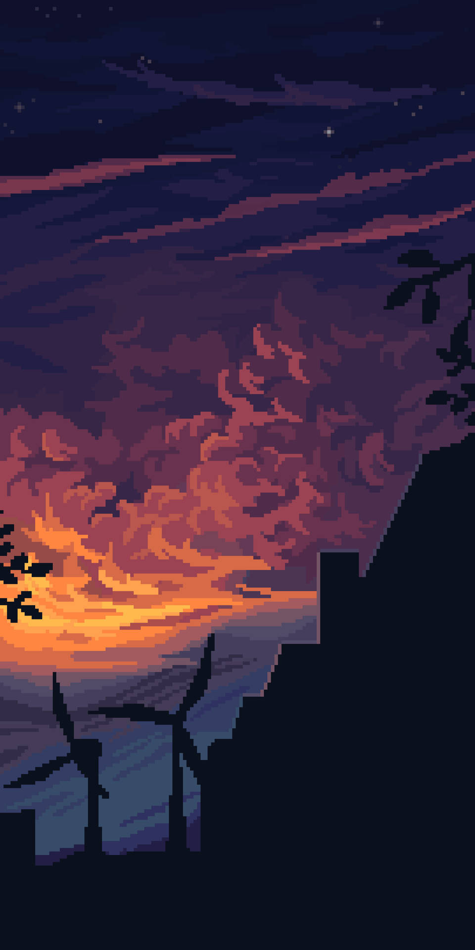 Aesthetic Pixel Art HD 桌布 壁紙 — 像素藝術日落，帶有火熱橙色雲彩，風力渦輪機在星空暮色天空中形成剪影。