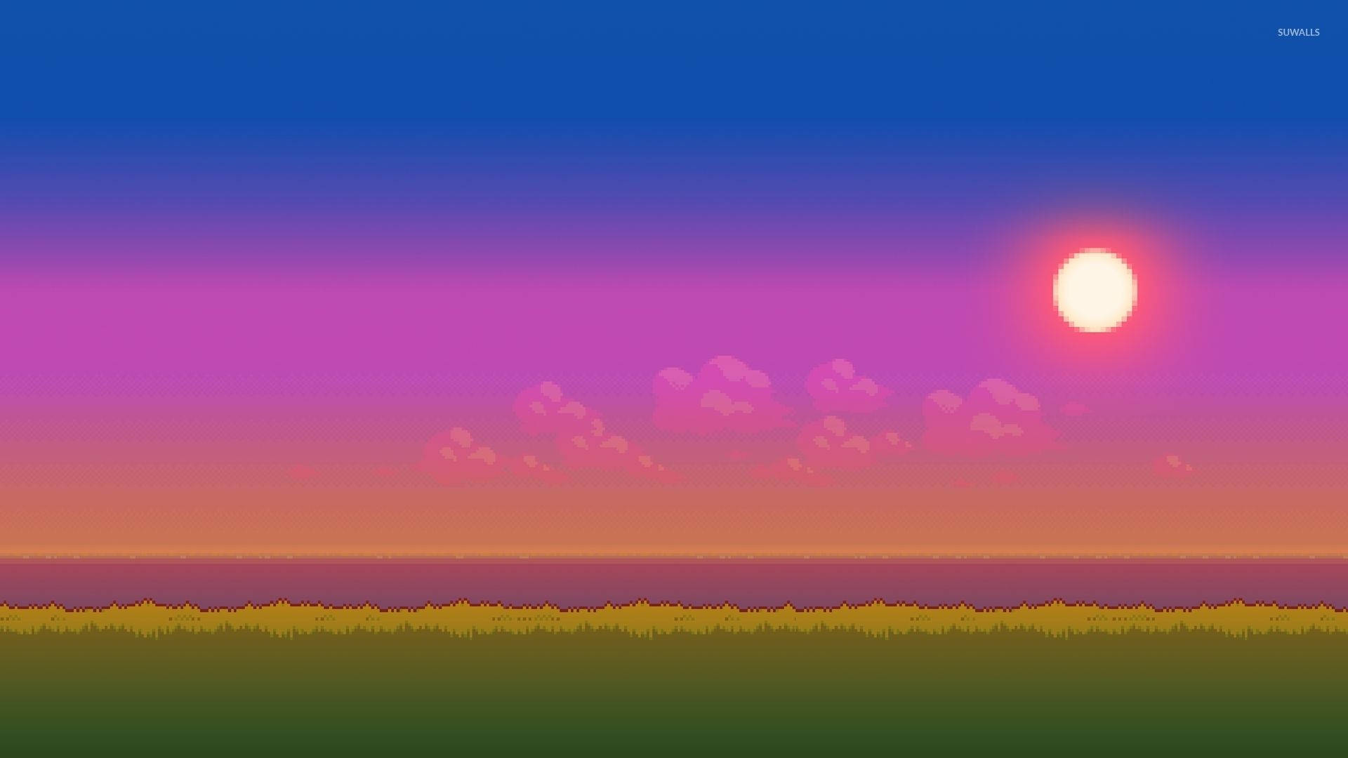 像素化日落，發光的太陽在草地和粉紅雲朵之上。 — 8 位元 GIF 壁紙