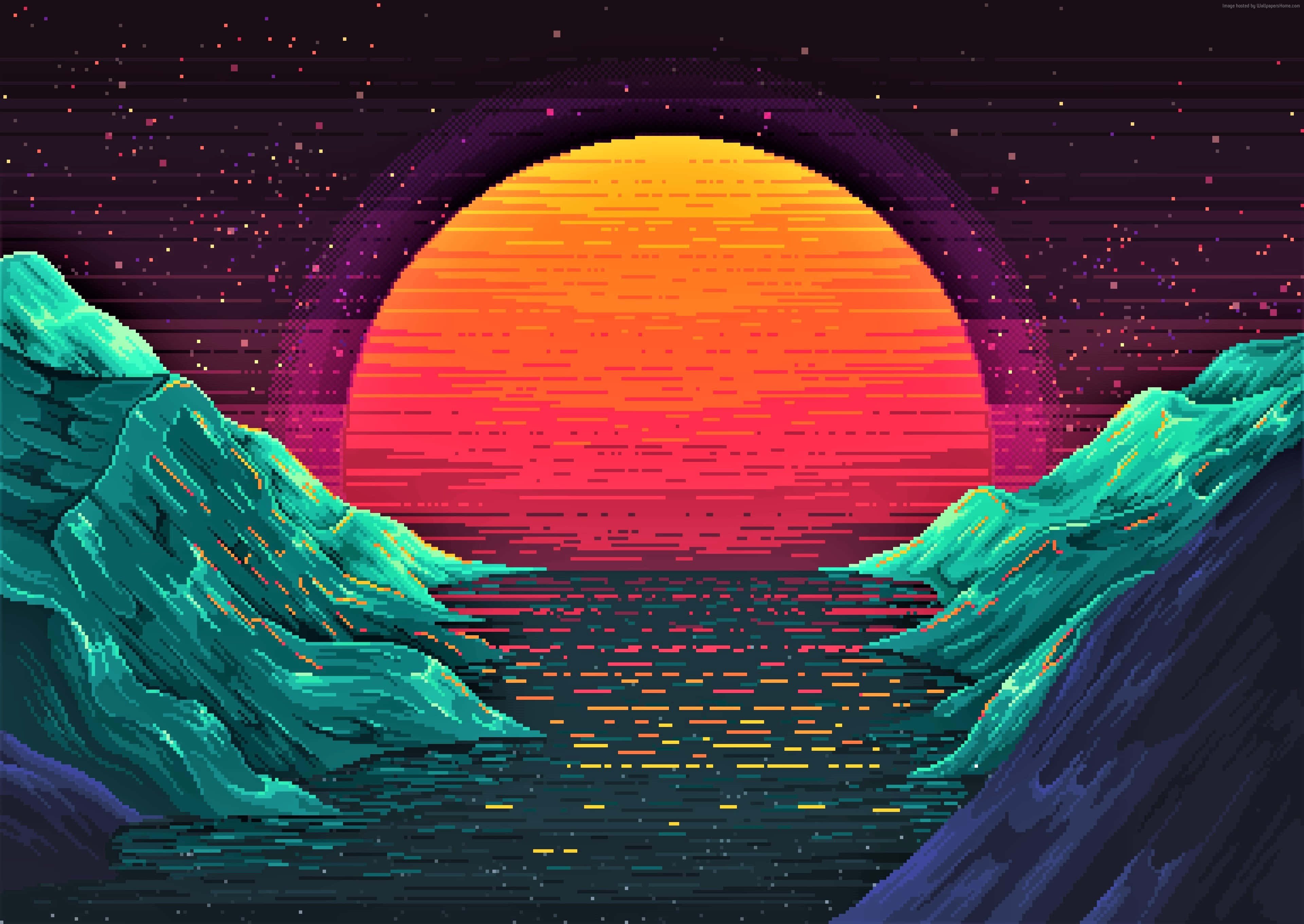 Retrowave 桌布 壁紙 — 像素藝術日落，發光的橙色太陽被藍綠色山脈框住，在黑暗的水面上，星空紫色天空。