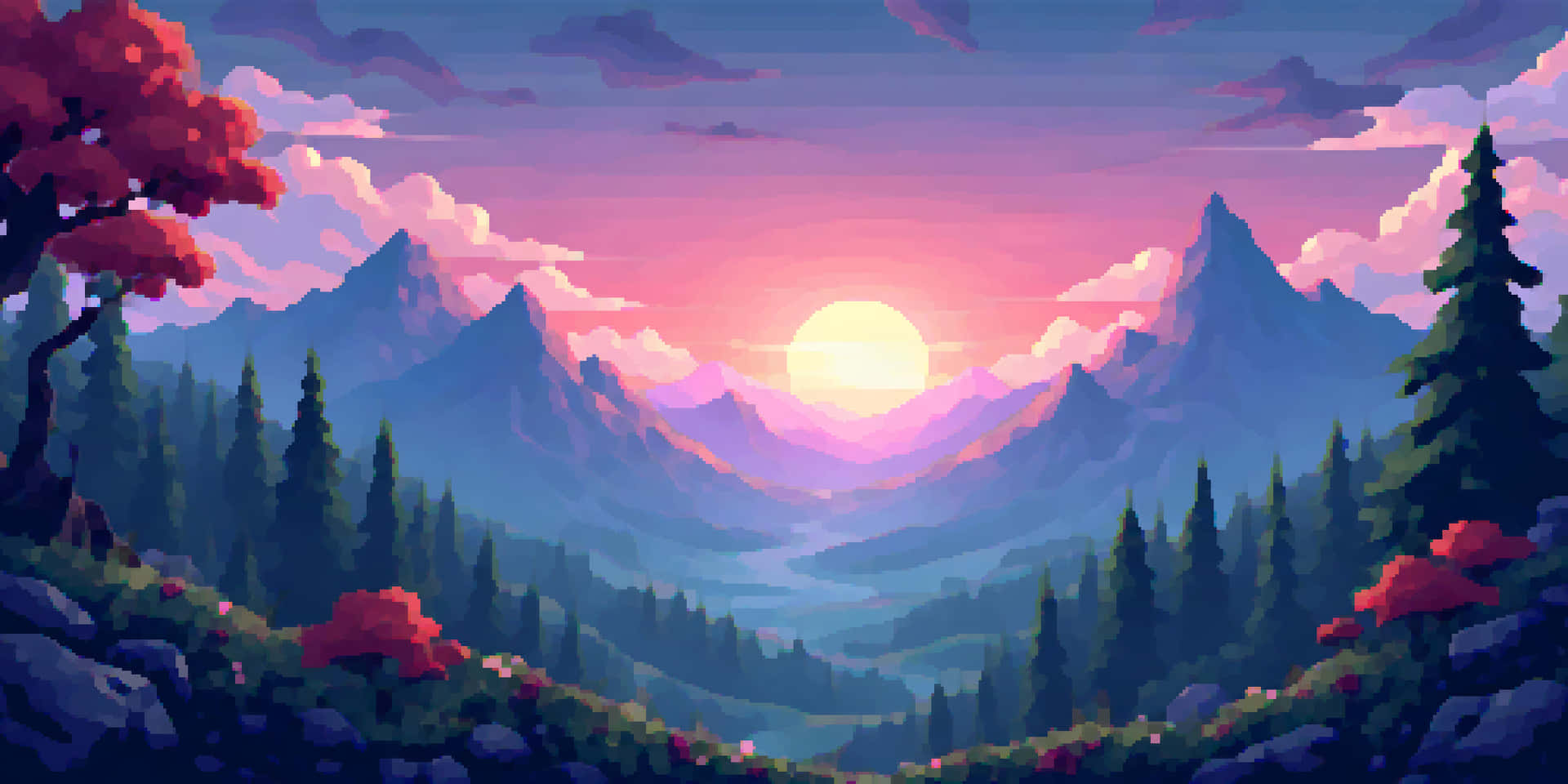 A pxiel art landscape with mountains and forest at sunset 壁紙 — 像素藝術日落，背景是鋸齒狀山脈，粉紅色雲朵在明亮的太陽後方發光，並由紅色樹木和常綠植物框住。