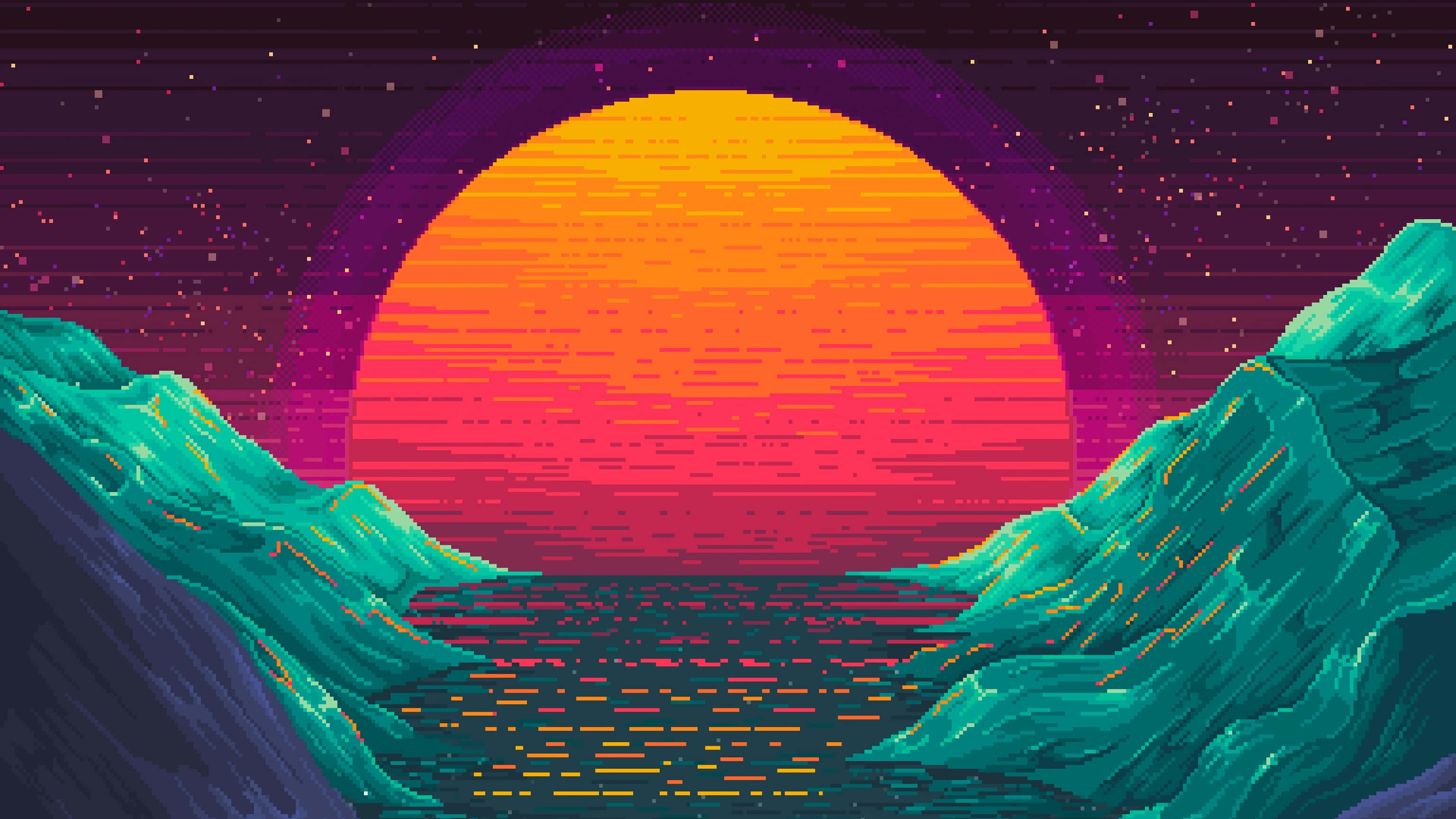 Pixel 桌布 壁紙 — 像素藝術日落，鮮豔橙色太陽在藍綠色山脈和深色水域之上，星空紫色天空下。