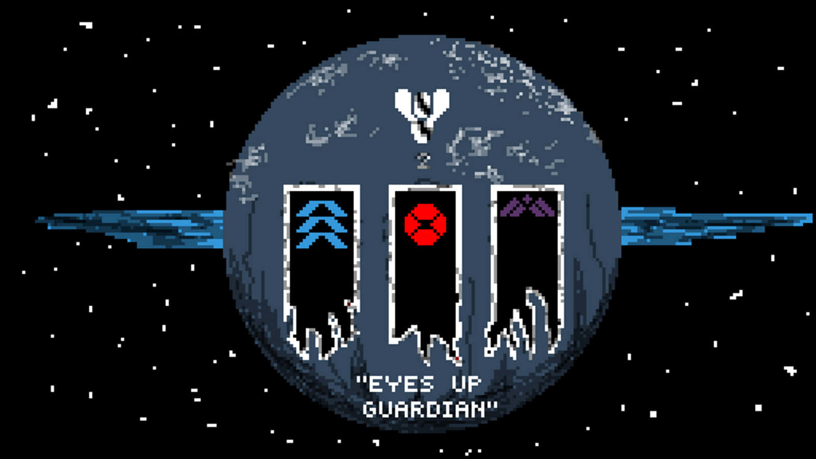 桌布 壁紙 — 像素藝術星球，有三個發光的門口和文字 eyes up guardian，背景是星空。