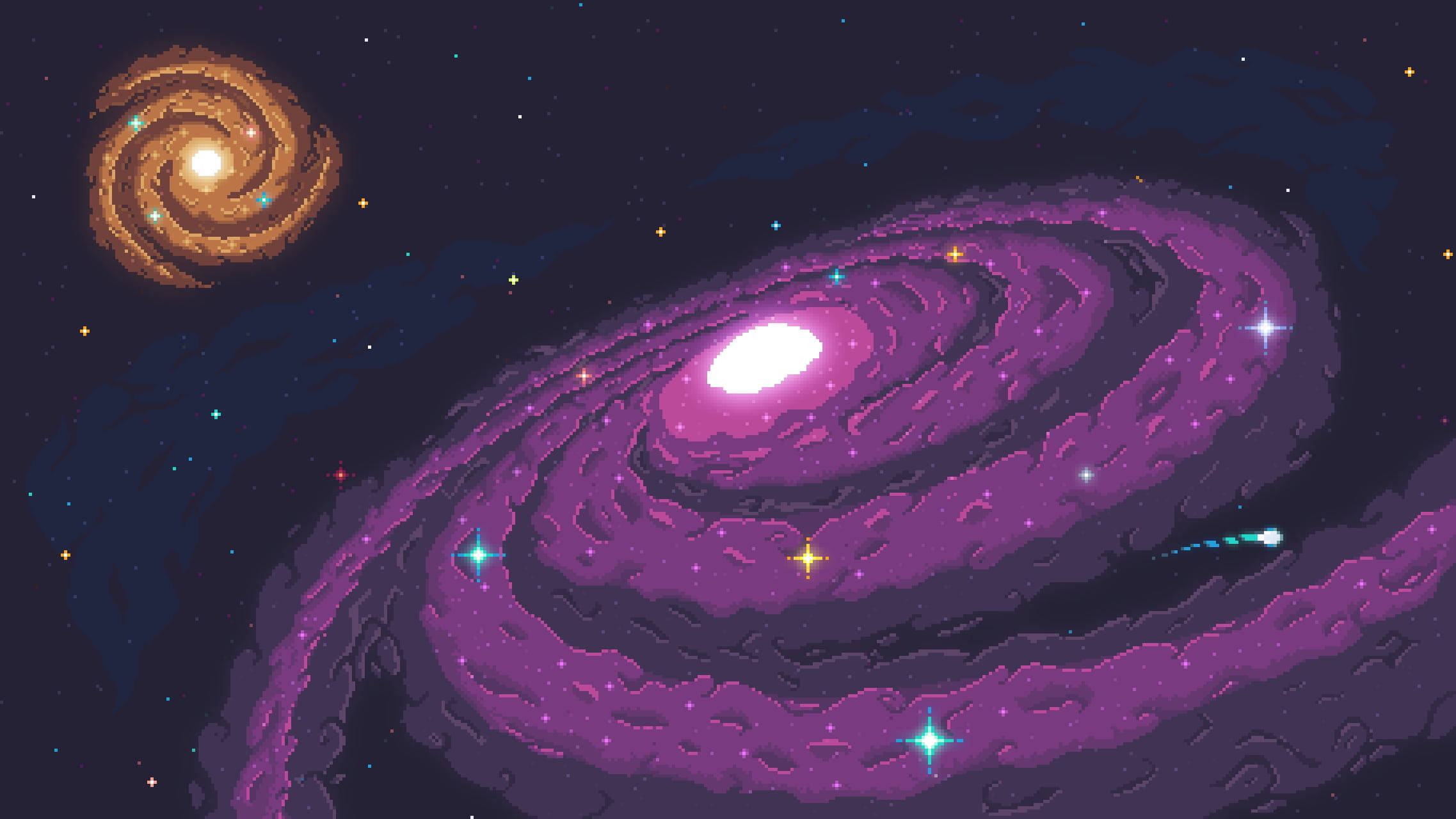 像素藝術 桌布 壁紙 — 像素藝術星系在星點密佈的夜空中以紫色和金色的宇宙色調旋轉。
