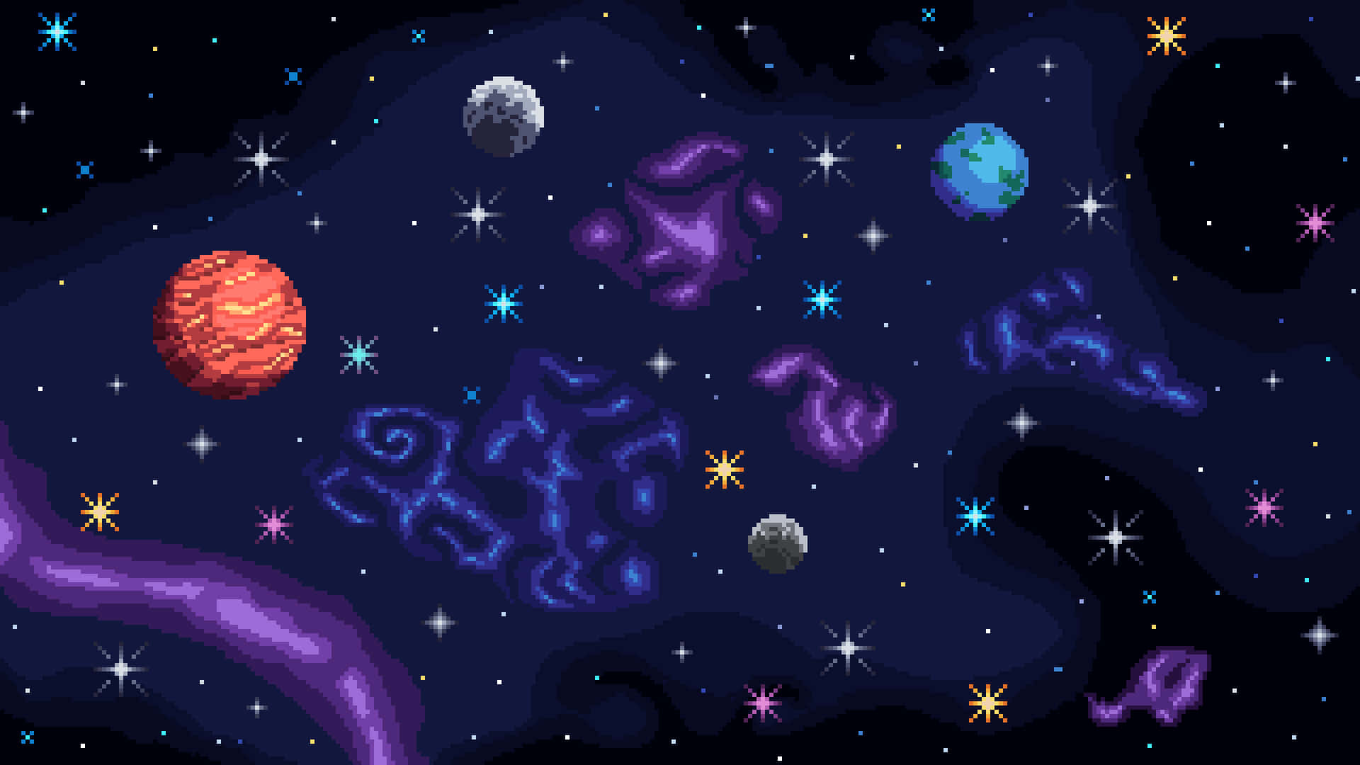 Space Desktop 桌布 壁紙 — 像素藝術星系場景，色彩繽紛的行星、星星和星雲，背景是黑暗的宇宙。
