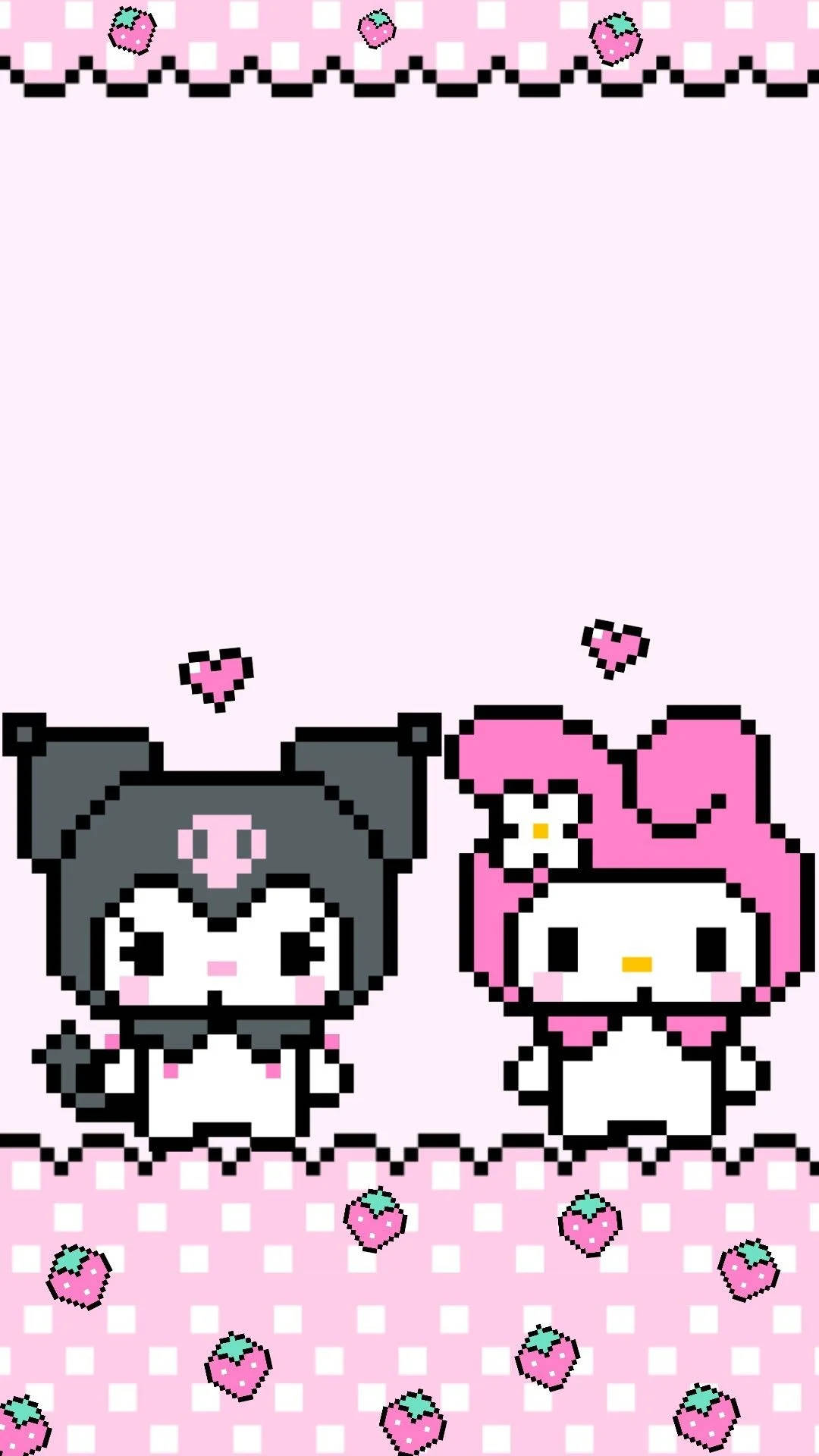 庫洛米 桌布 壁紙 — 像素藝術桌布， featuring Kuromi 和 My Melody，在粉紅色格子框架內，帶有草莓圖案。